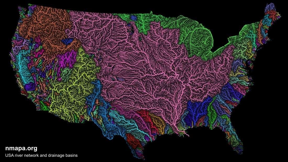 USA river network and drainage basins Map
