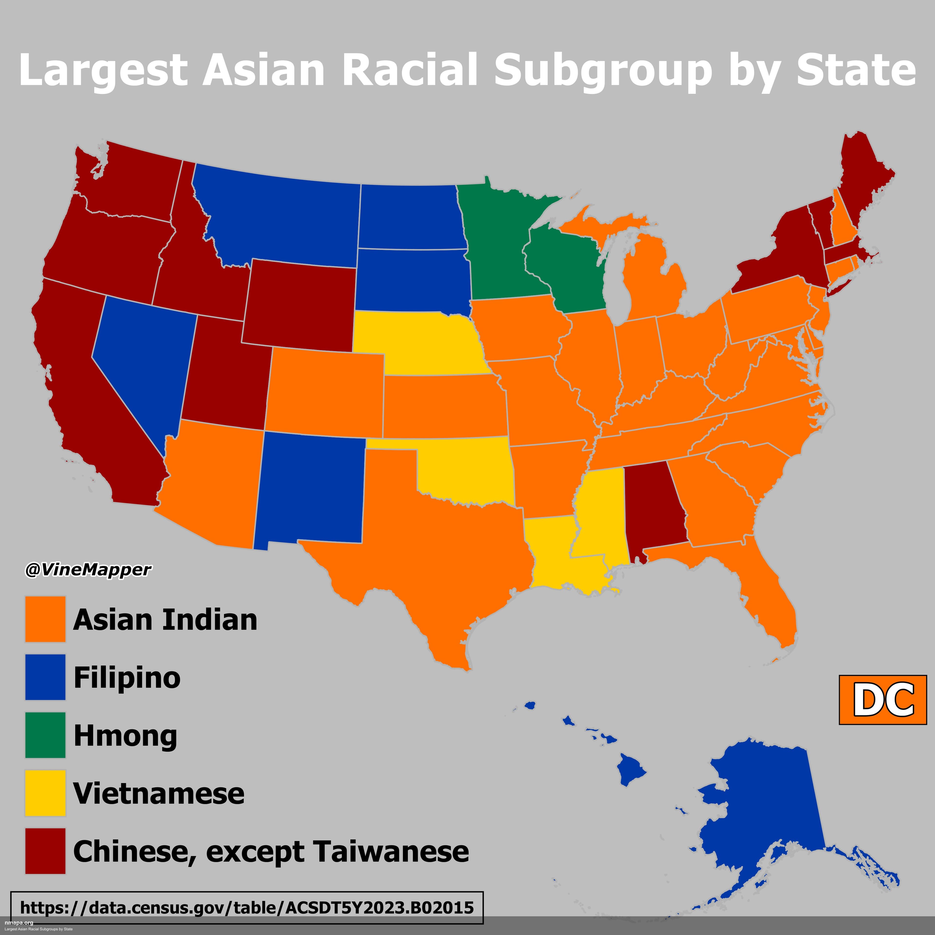 Largest Asian Racial Subgroups by State Map