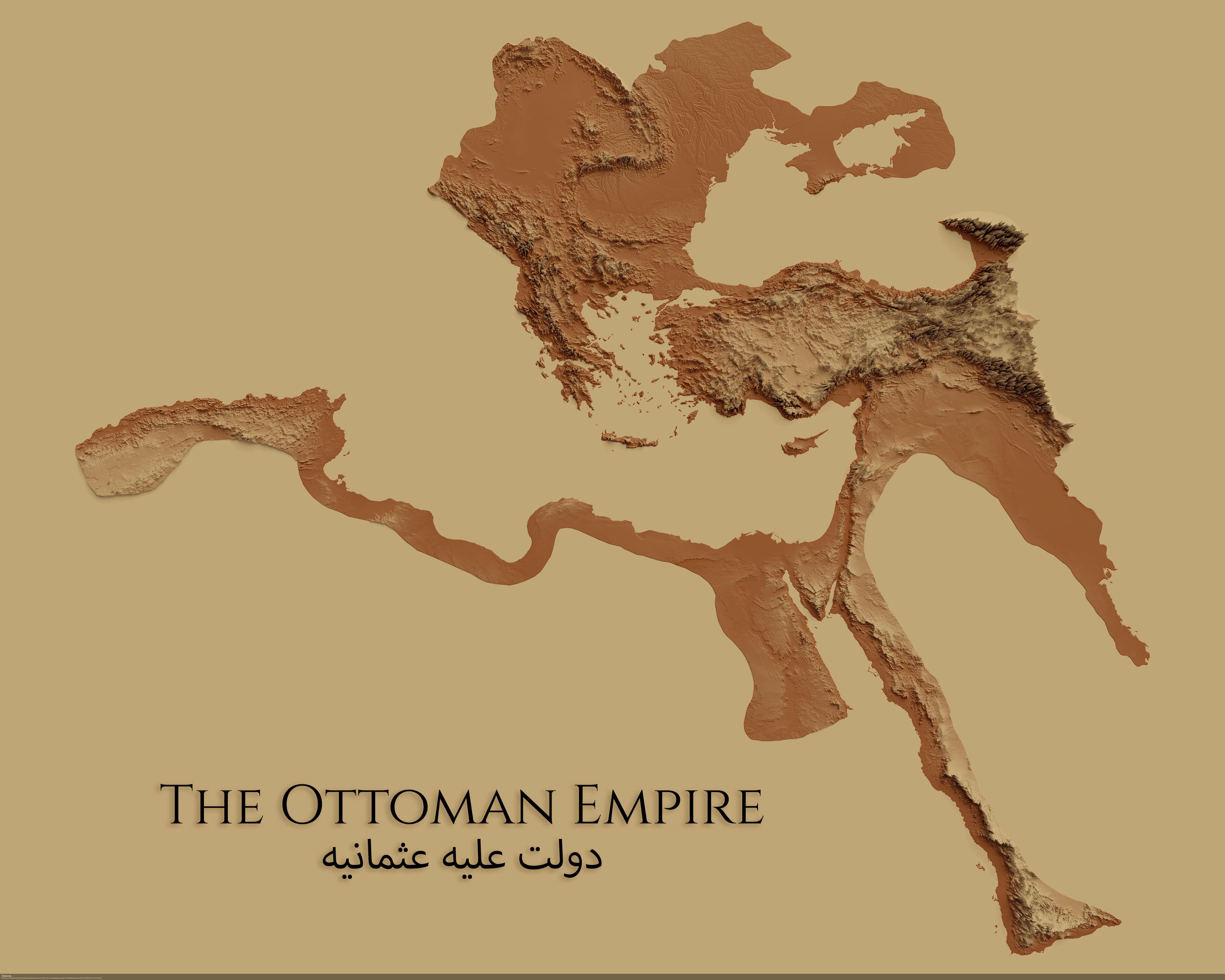 Relief map of the Ottoman Empire at its greatest territorial extant, around 1683, when it encompassed huge swaths of Southeastern Europe, parts of the Middle East, and North Africa.
