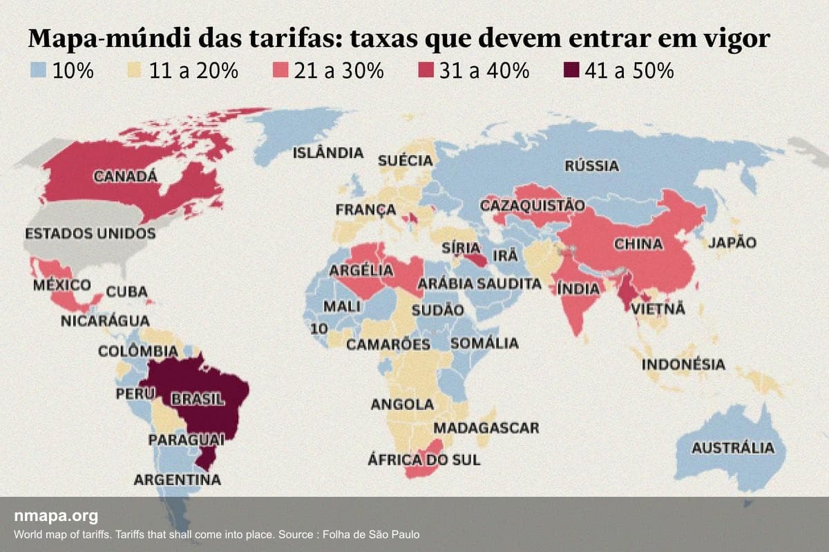 World map of tariffs. Tariffs that shall come into place. Source : Folha de São Paulo