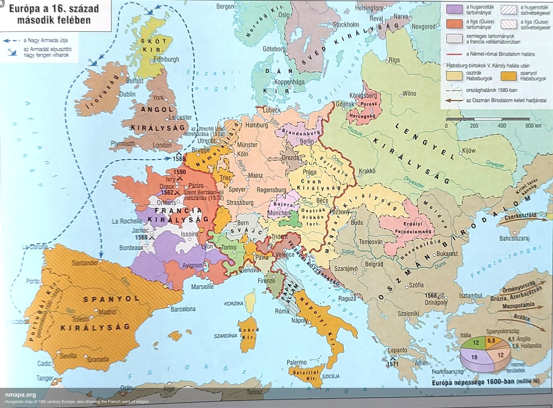 Hungarian map of 16th century Europe, also showing the French wars of religion