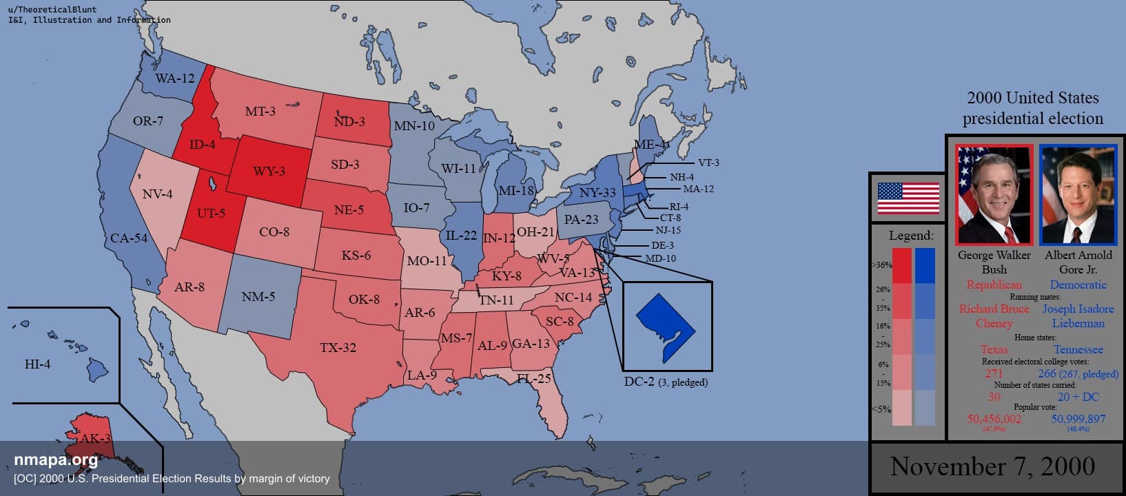 Political Map: [OC] 2000 U.S. Presidential Election Results by margin of victory