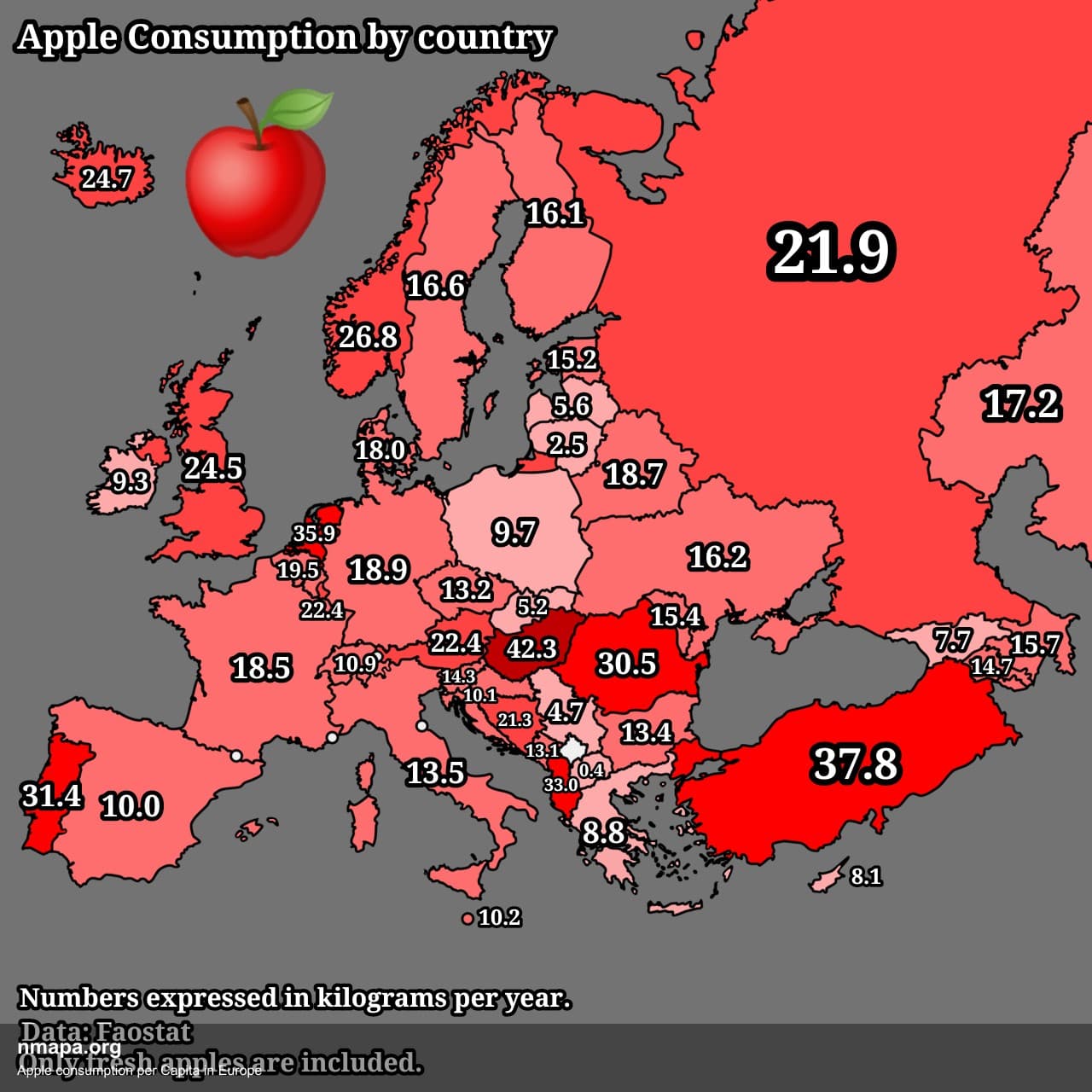 Apple consumption per Capita in Europe Map