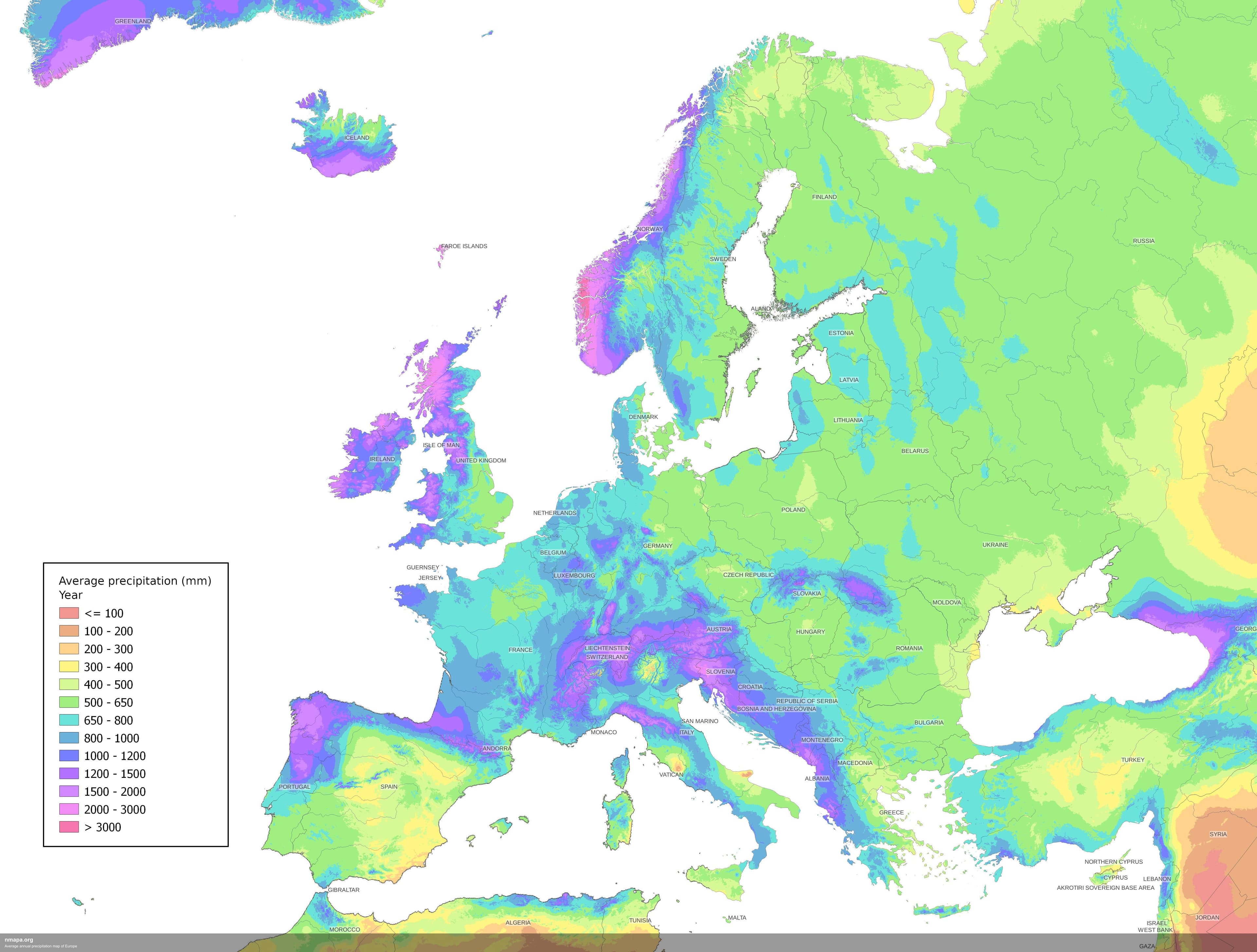 Average Annual Precipitation Map of Europe