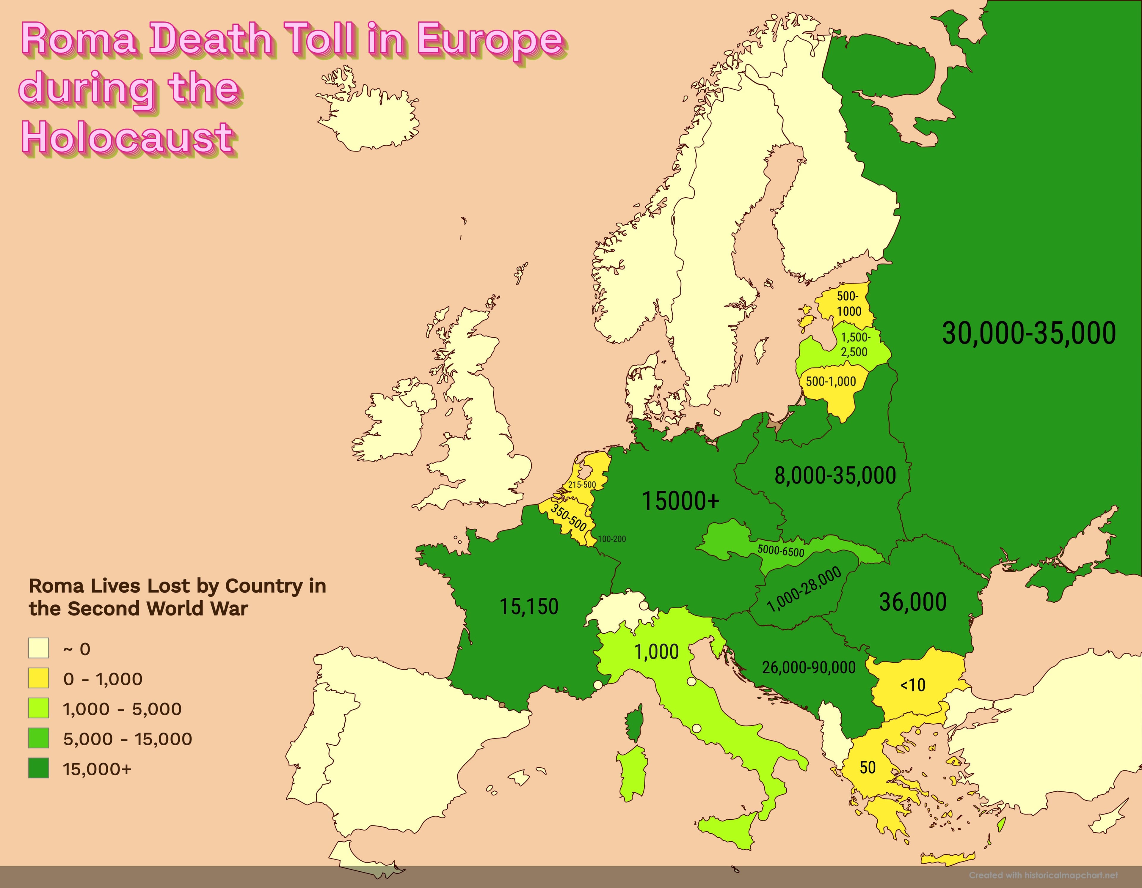Roma Death Toll in Europe during the Holocaust Map