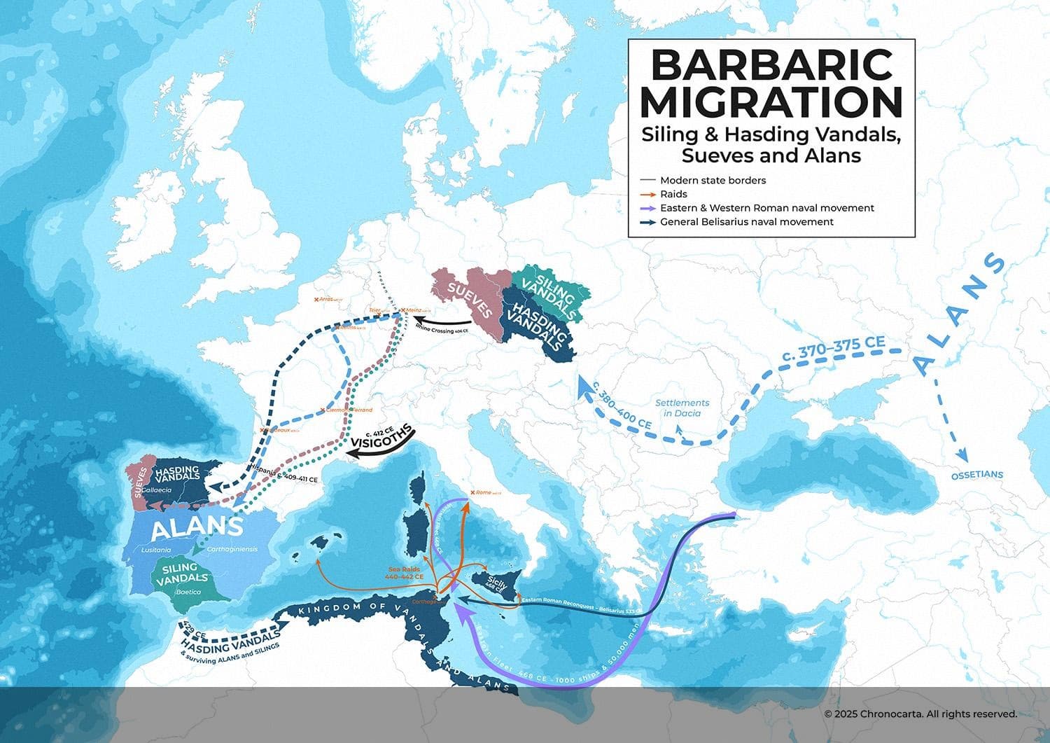Migration Routes Map of Vandals, Sueves, and Alans
