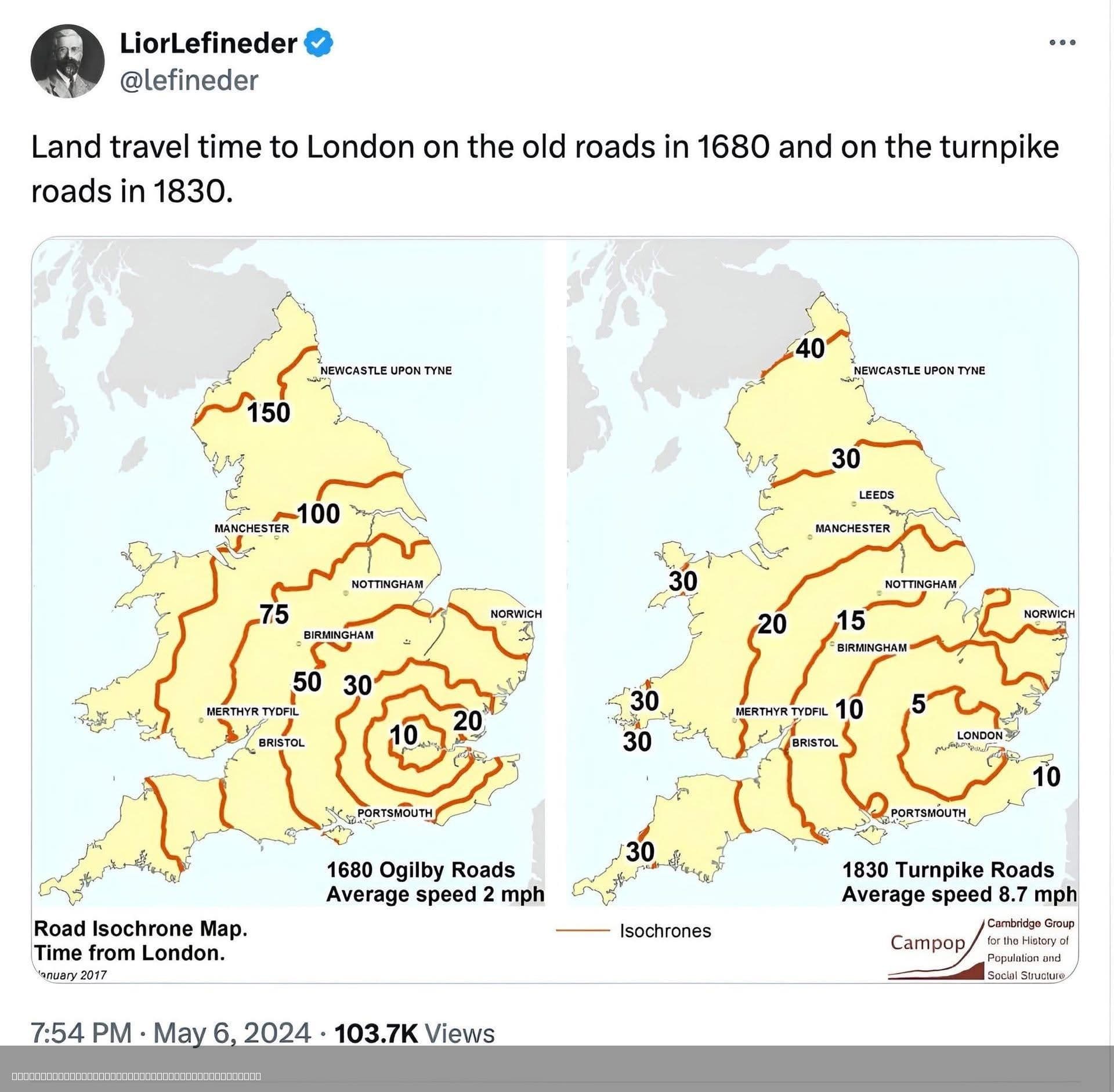 Travel Time to London 1680 vs 1830 Map