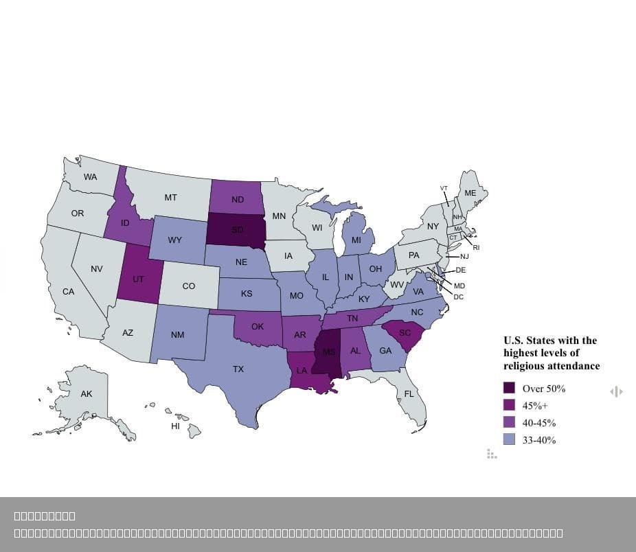 U.S. States Map with 33% Monthly Religious Attendance