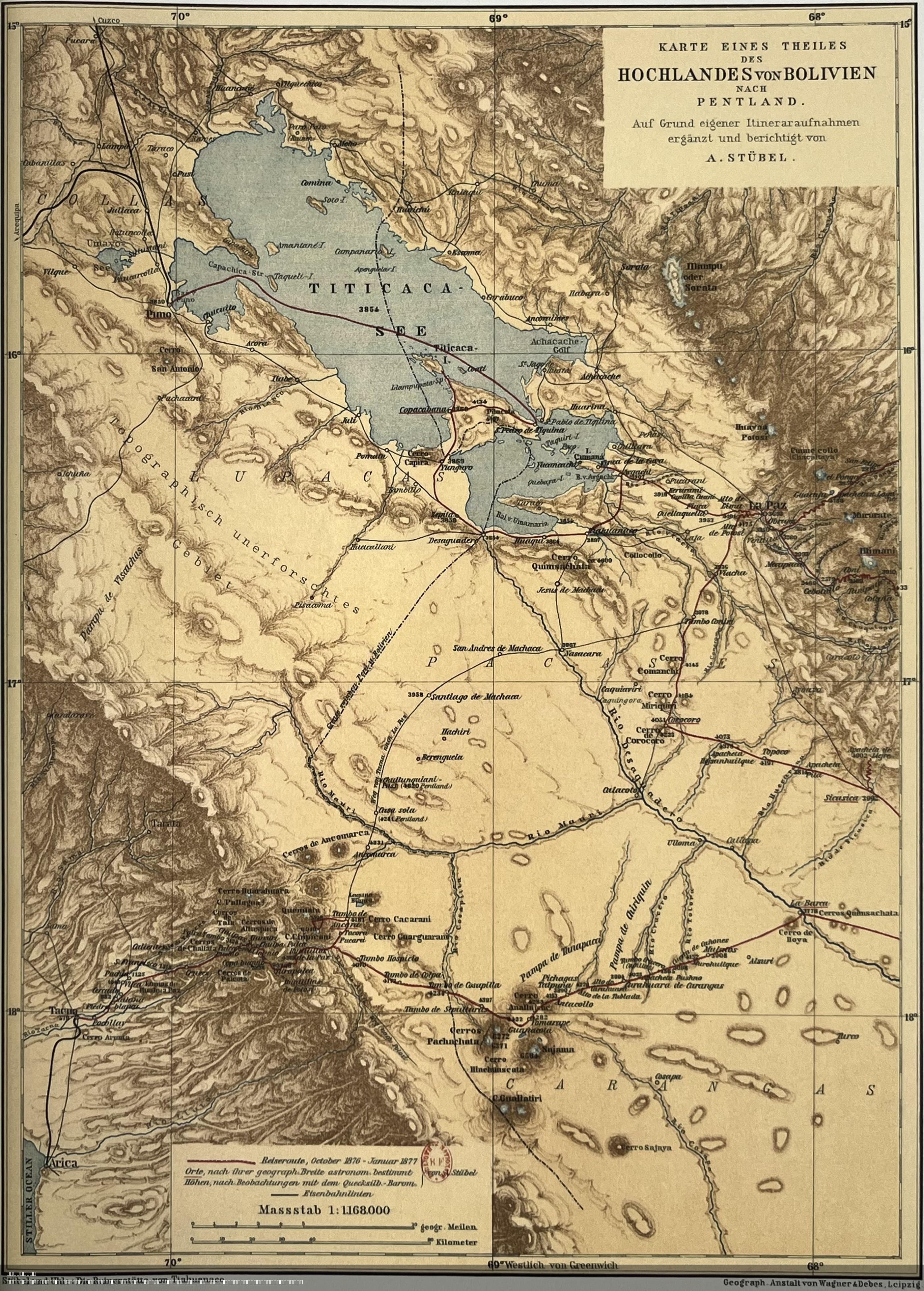 1876 Historical Map of Bolivian Highlands and Lake Titicaca
