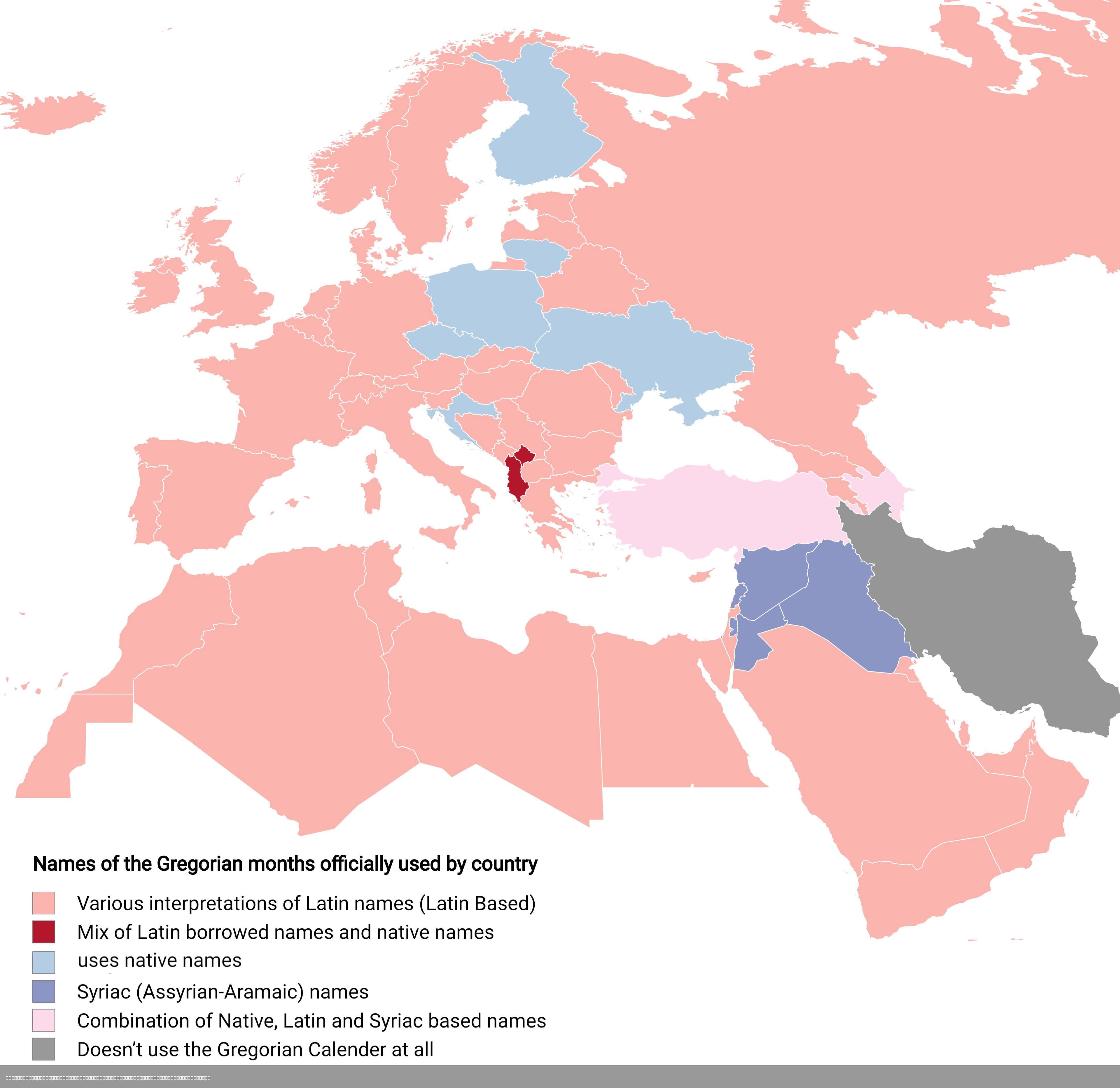 Map of Month Names in the Gregorian Calendar by Country
