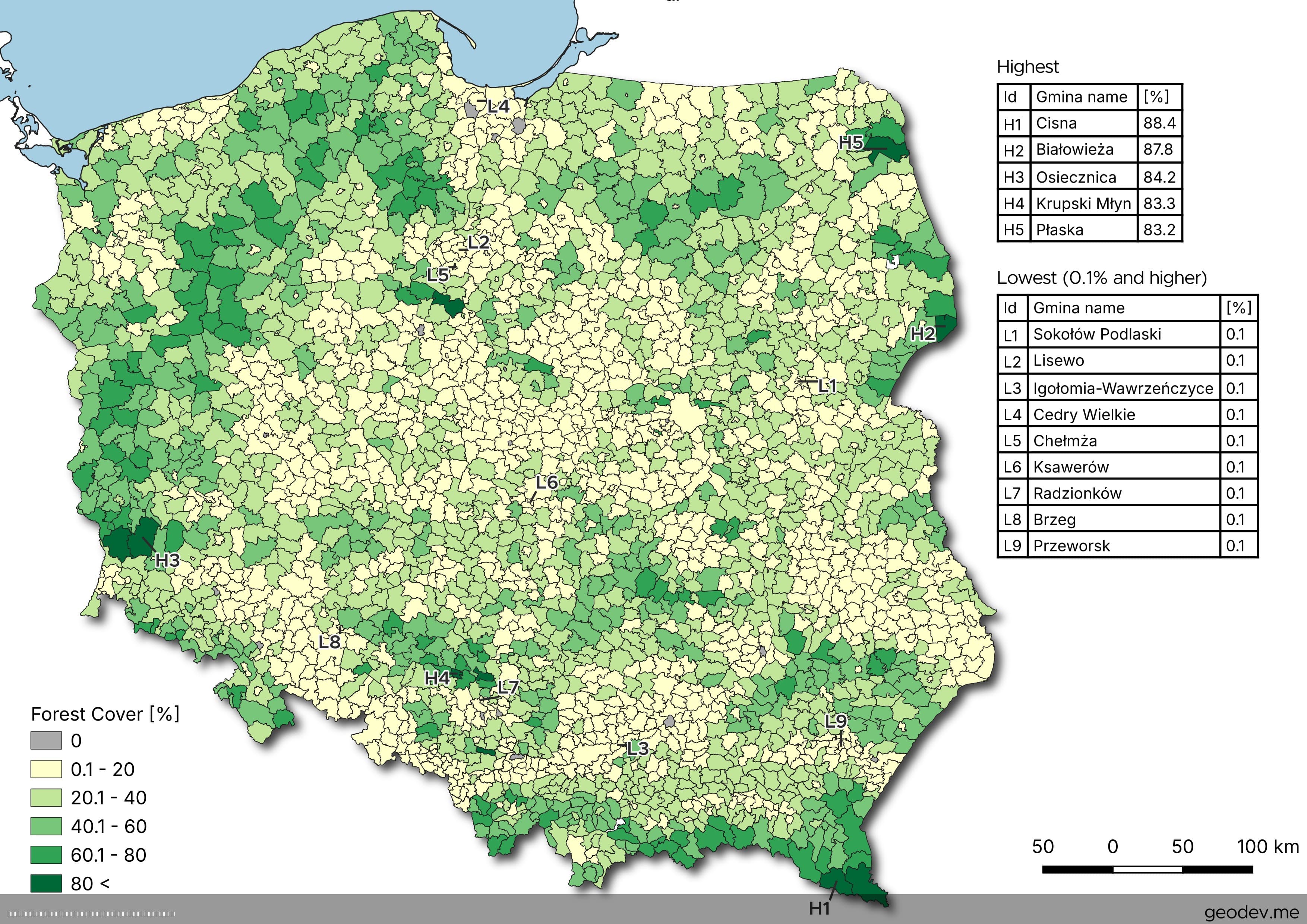 Forest Cover by Municipality Map of Poland