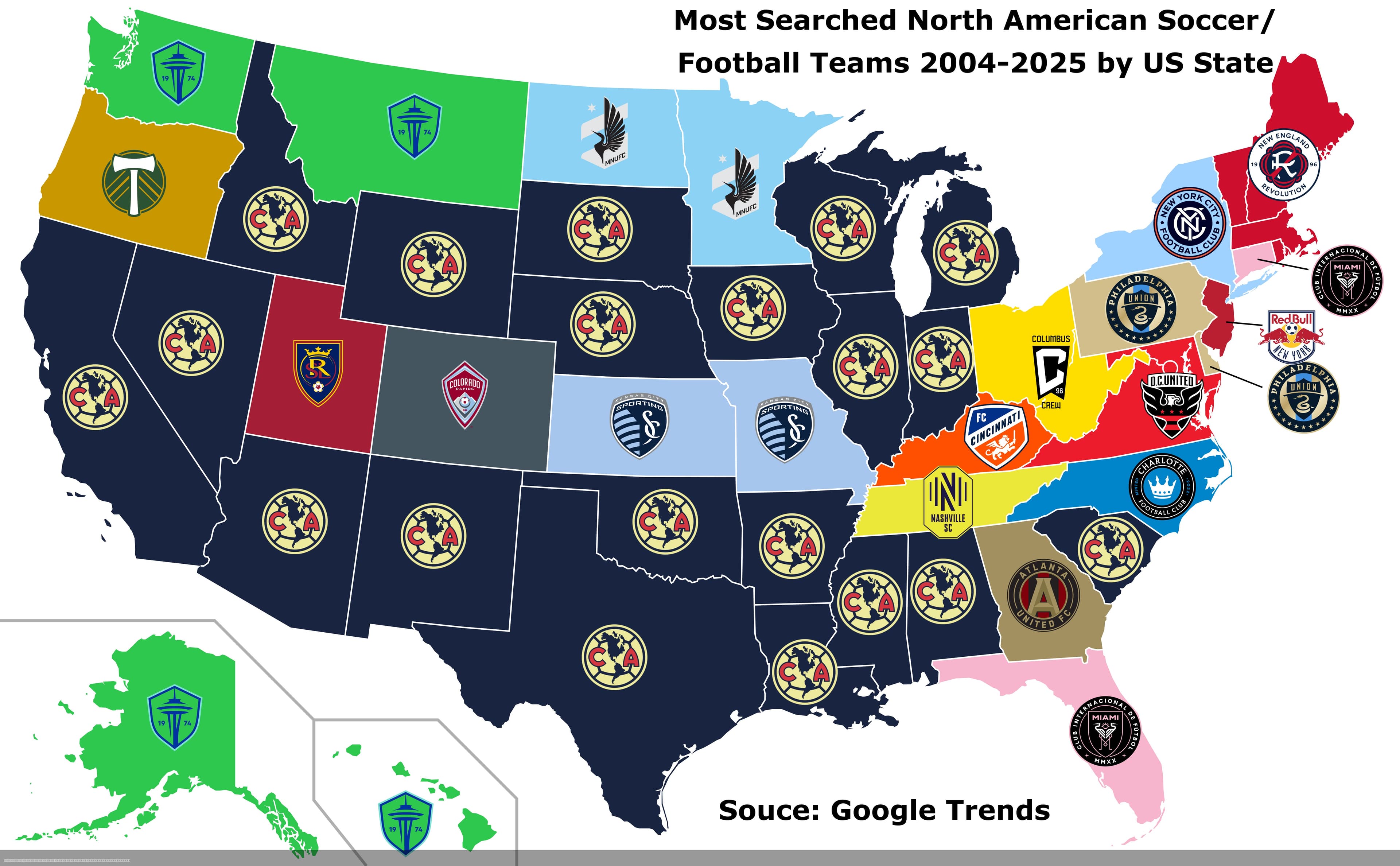 Most Searched North American Soccer Teams Map