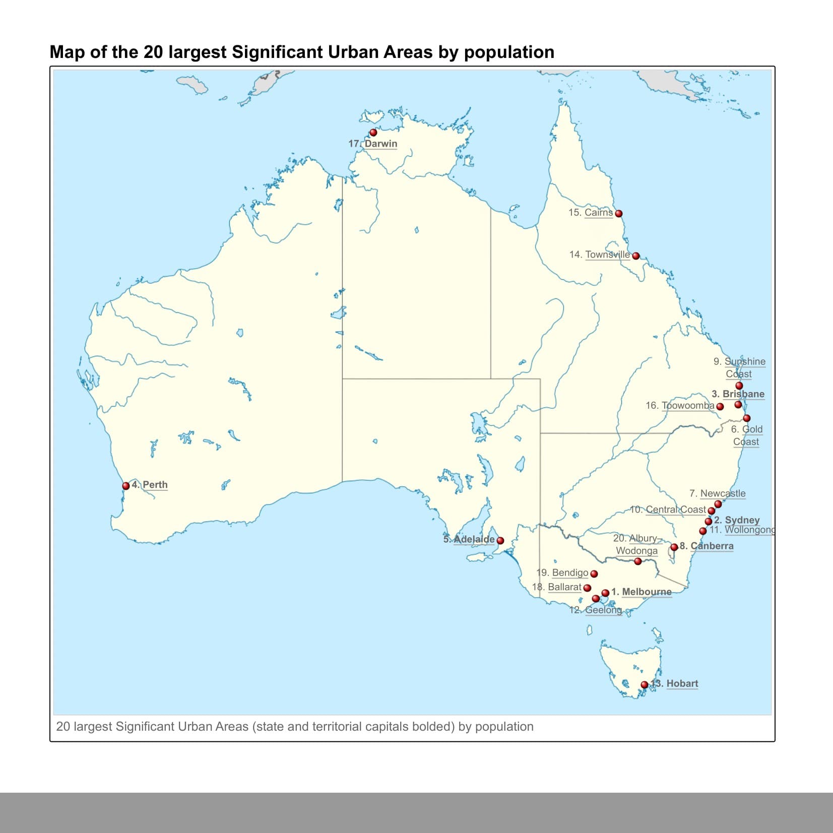 Twenty Largest Urban Areas in Australia Map
