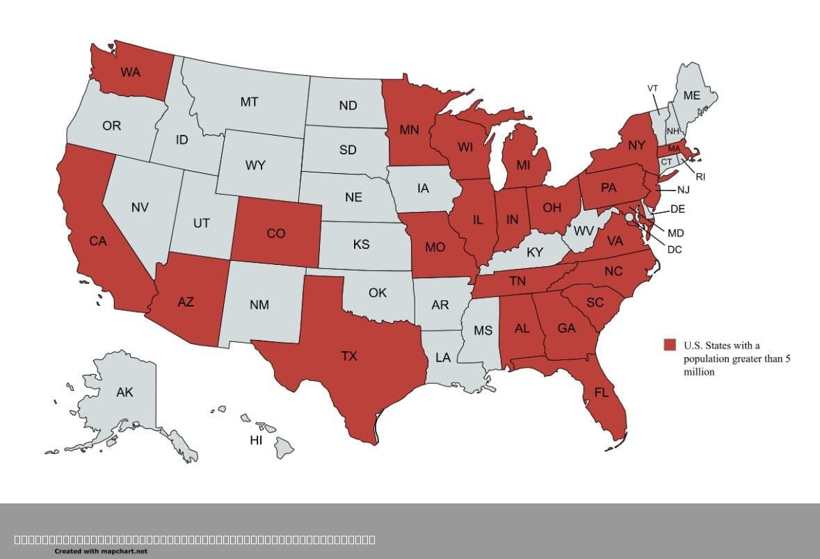 U.S. States with Population Greater than 5 Million Map