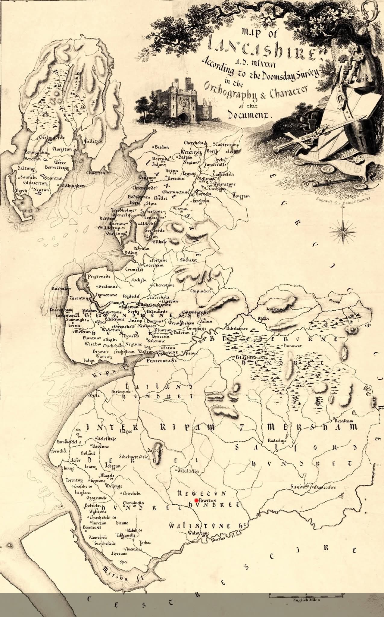 Map of Lancashire, England, from the 1086 Domesday Survey