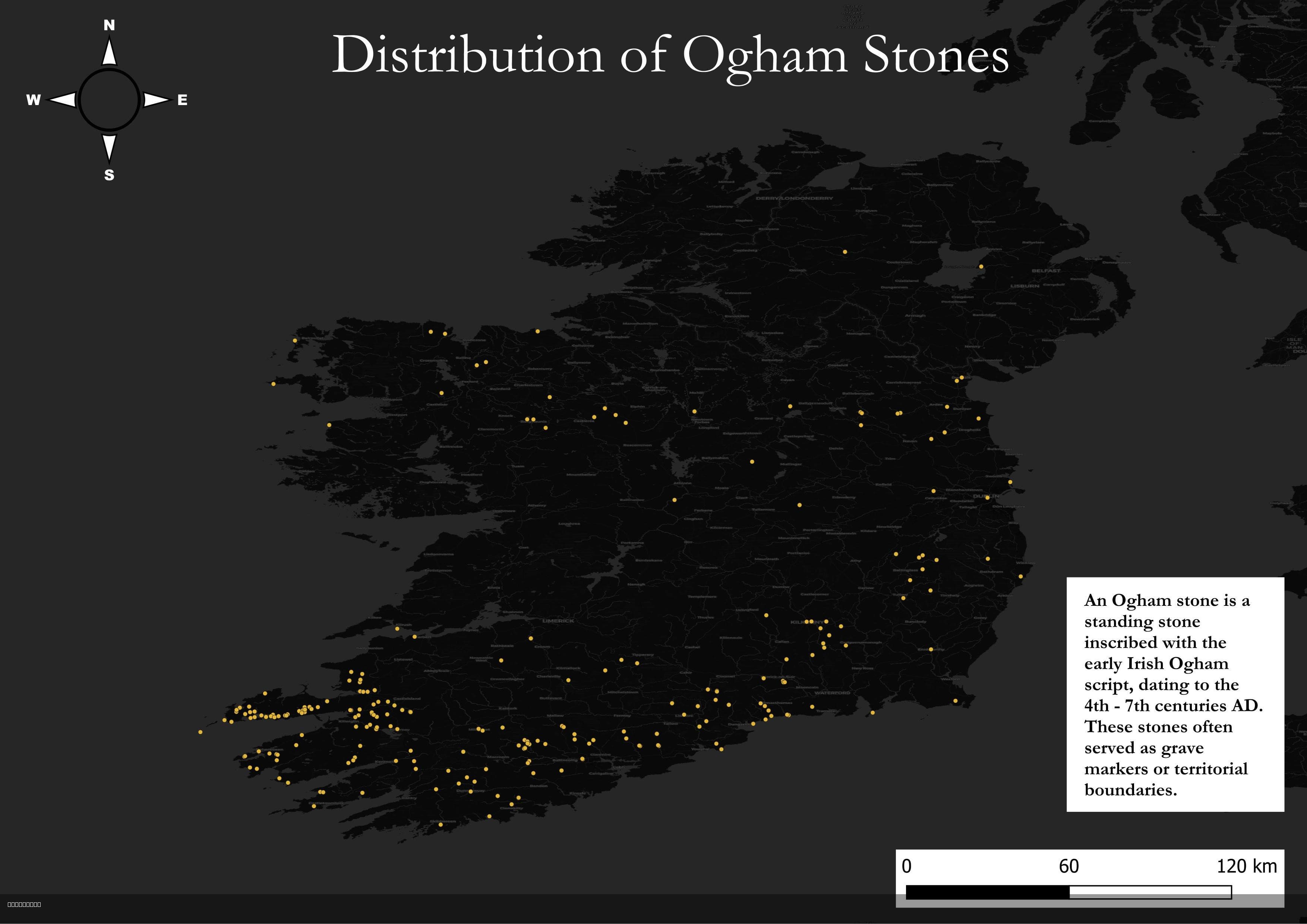 Distribution of Ogham Stones in Ireland Map