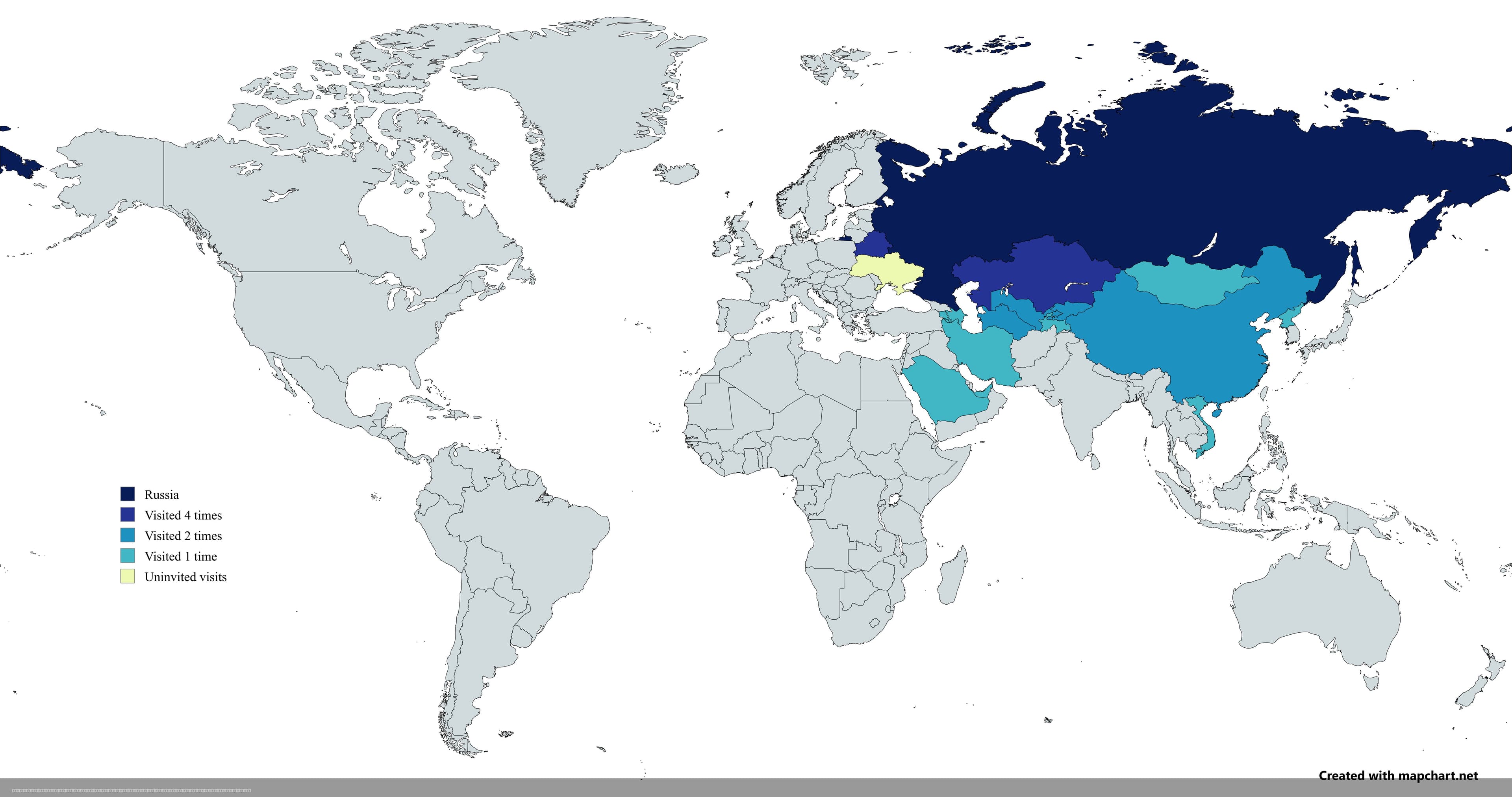 Map of Countries Visited by Vladimir Putin Post-2022 Invasion