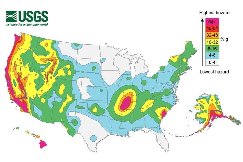 Earthquake Hazard Levels Map of the United States