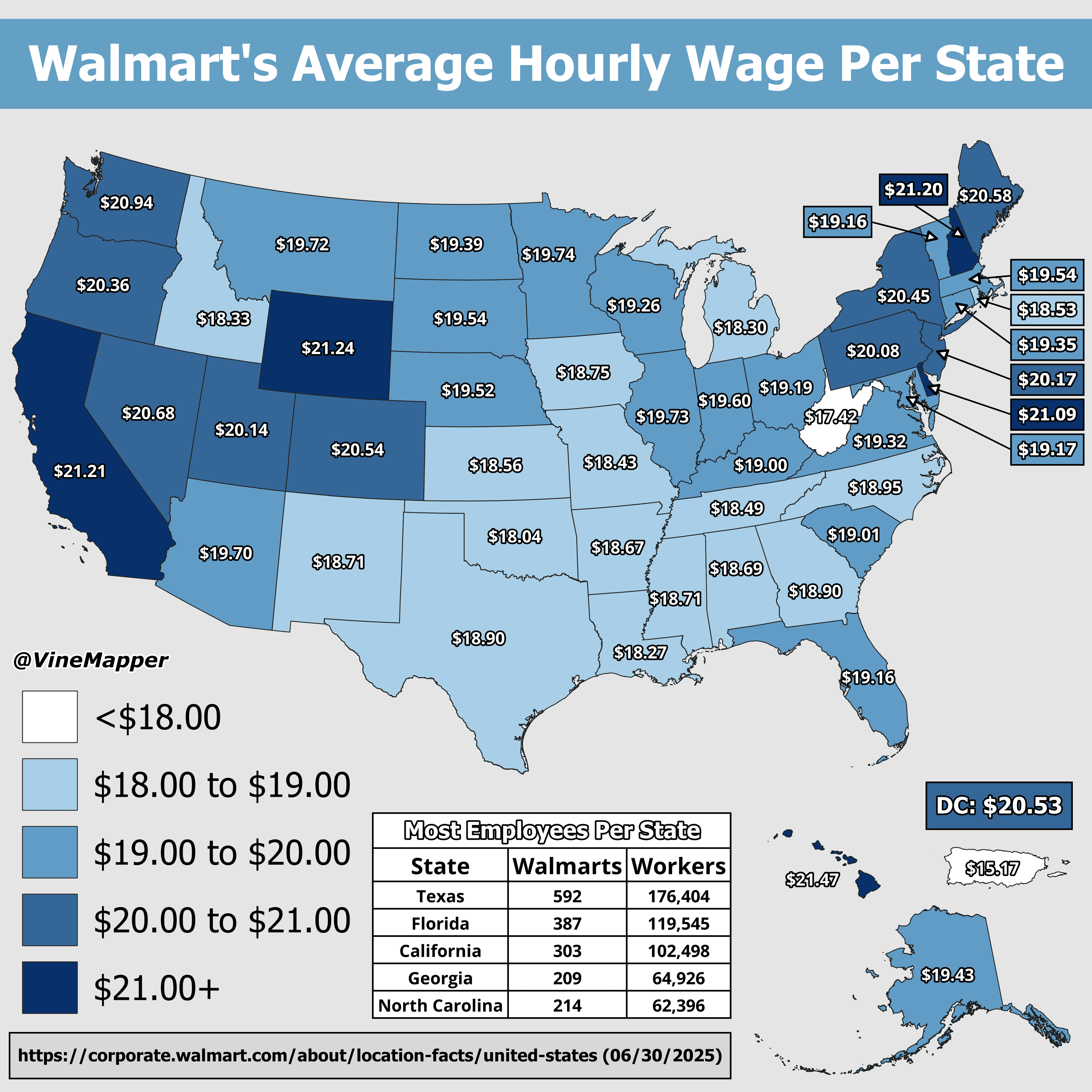 Walmart's Average Hourly Wage Per State Map