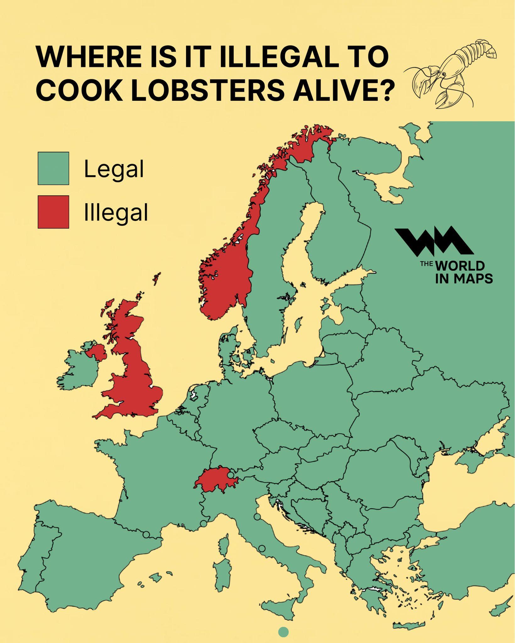 Map of Countries Where Cooking Lobsters Alive is Illegal