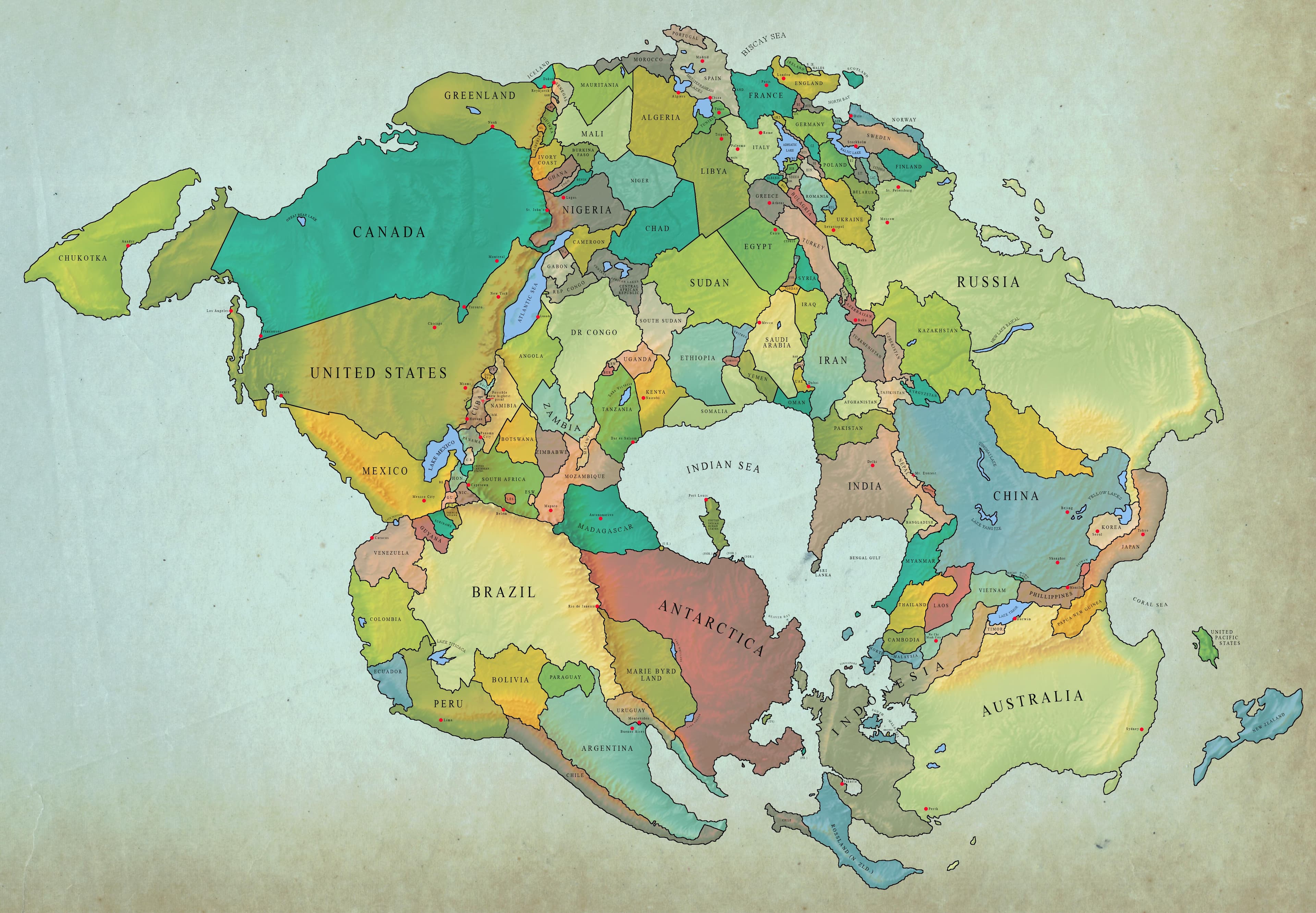 World Map 250 Million Years Later with Current Borders
