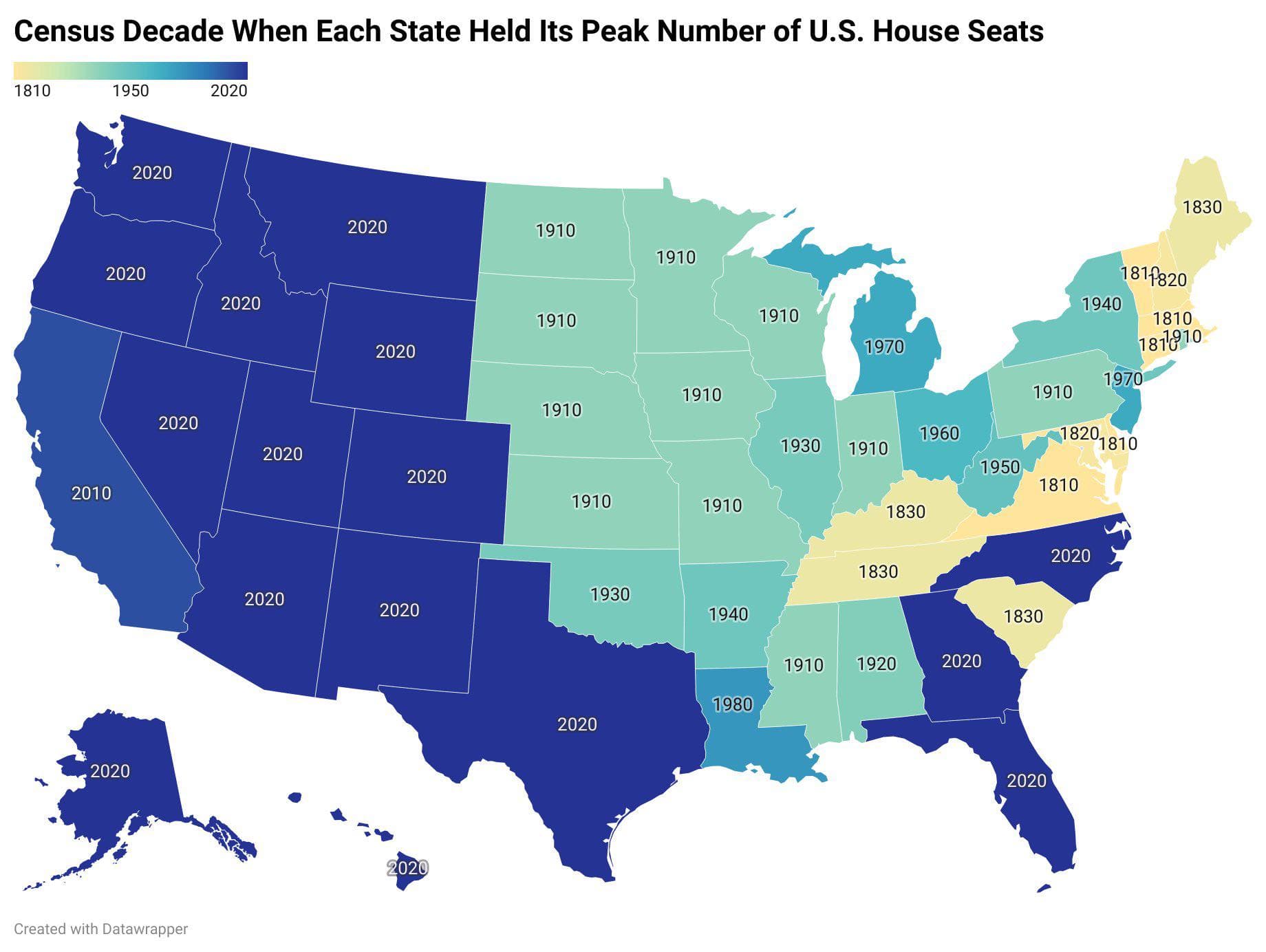 US States Peak House Seats Decade Map