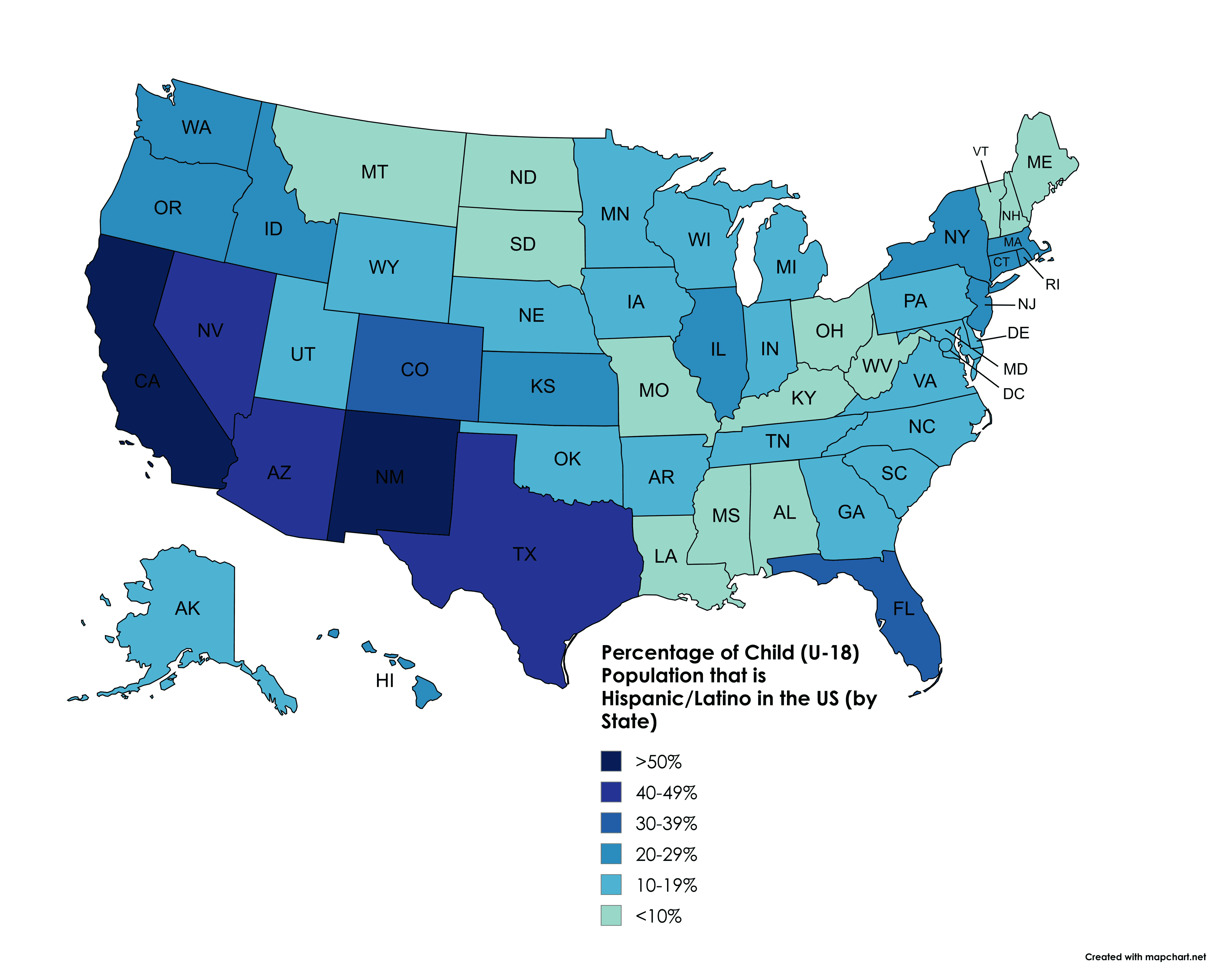 Hispanic/Latino Child Population Percentage Map by State