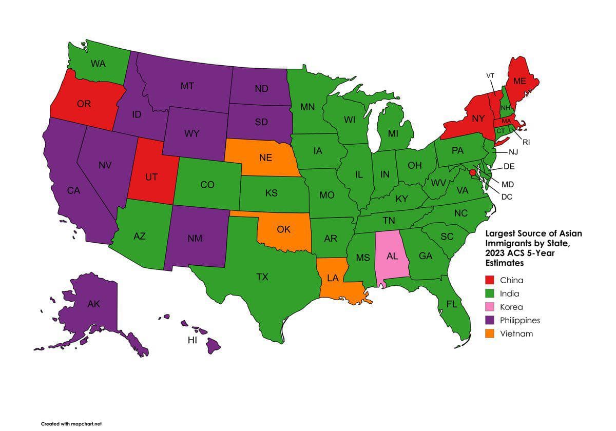 Map of Immigrant Origins in Asia by State