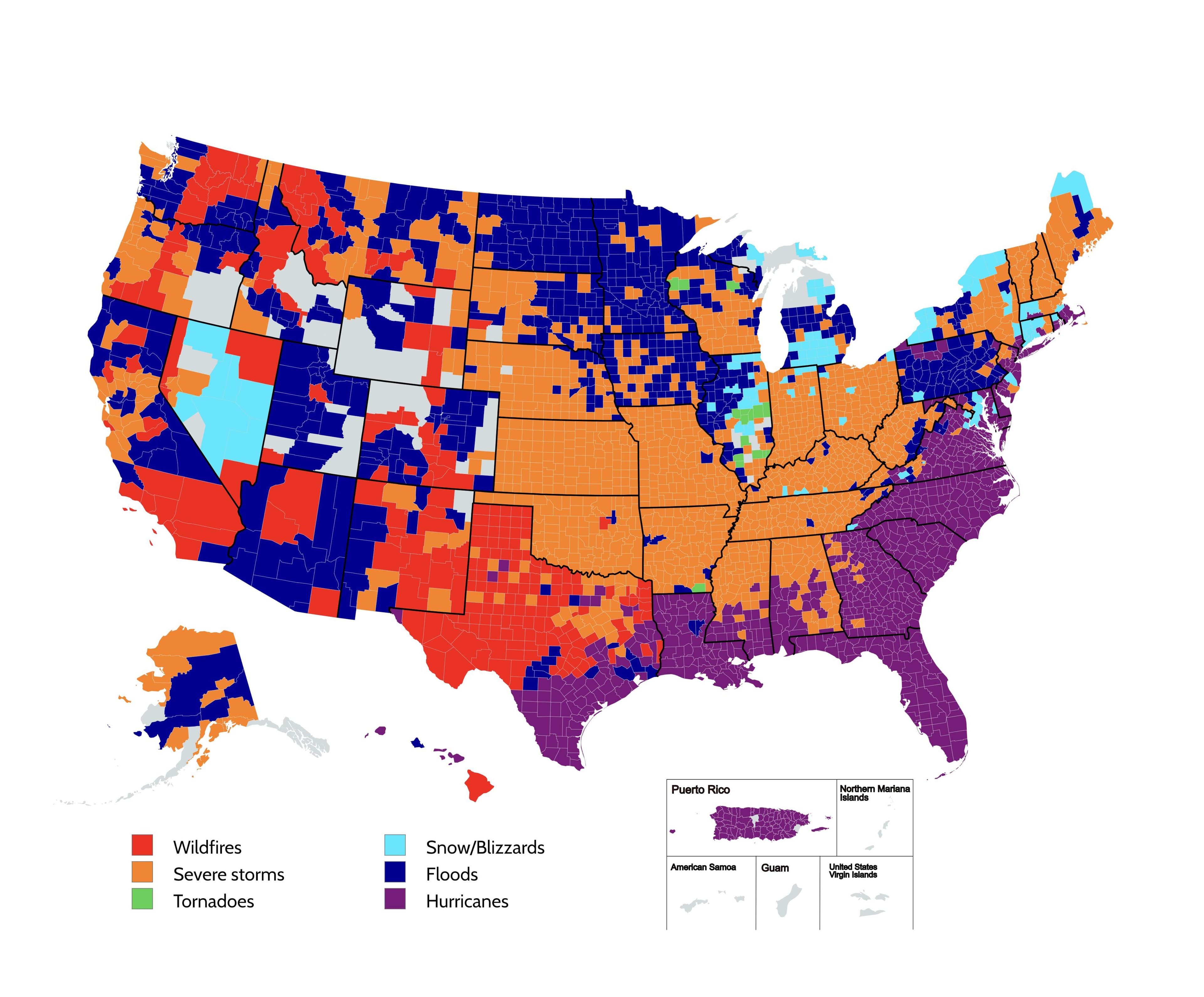 Map of Most Frequently Occurring Natural Disasters by US County