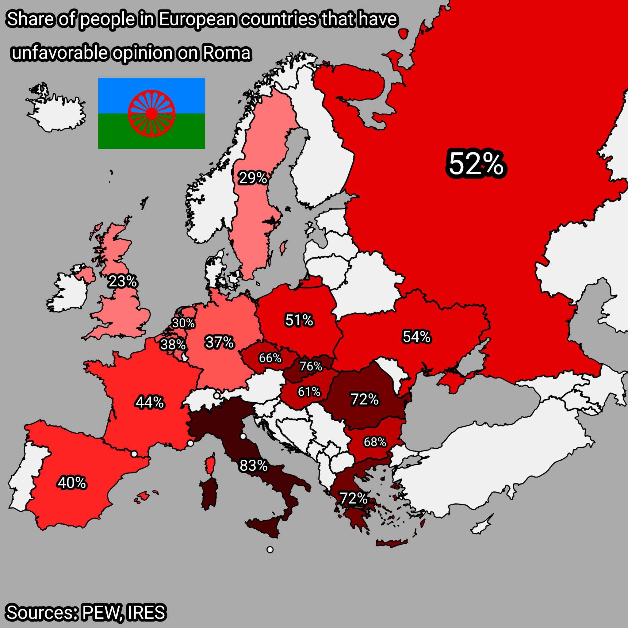 Map of Unfavorable Opinions on Roma People in Europe