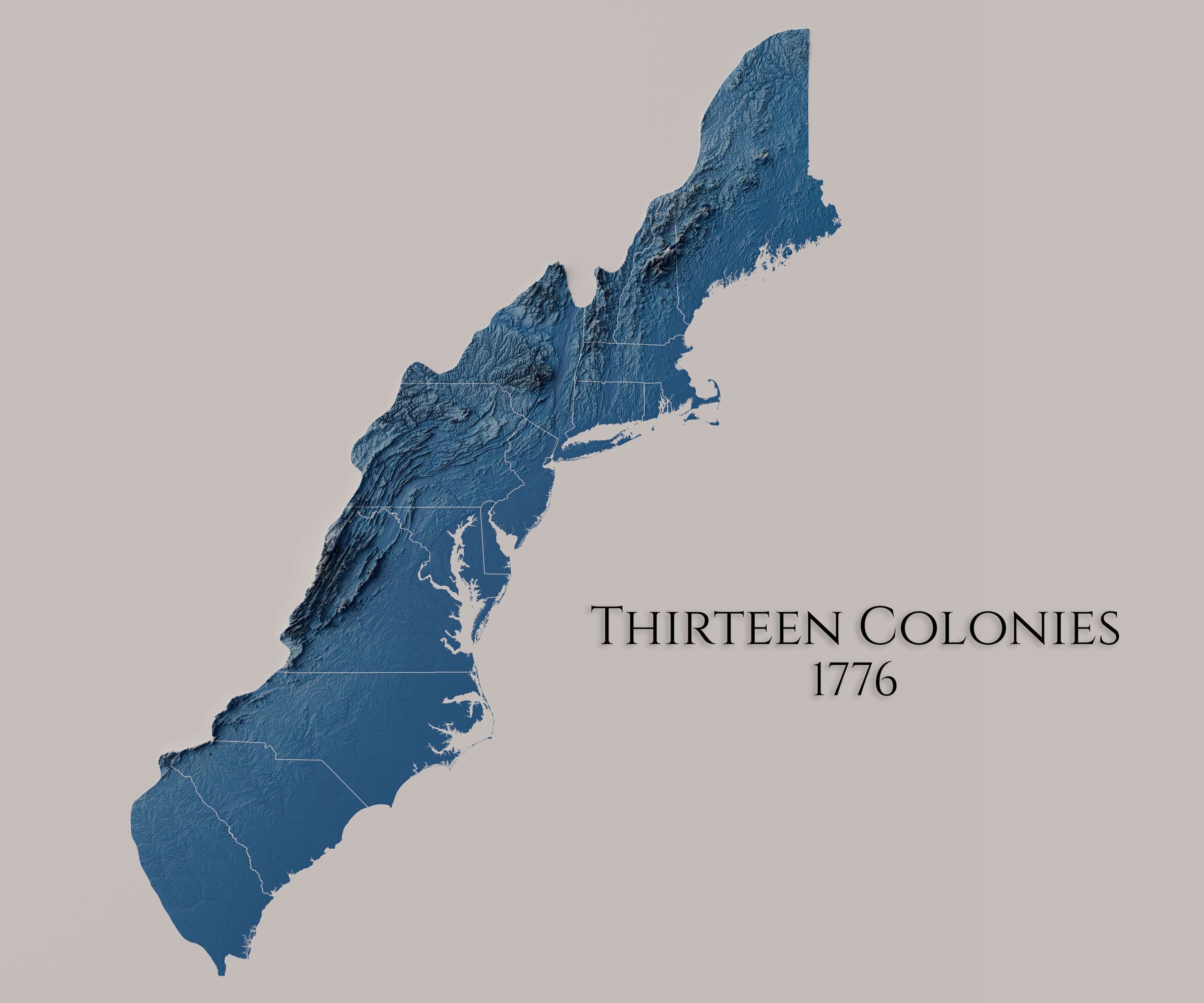 Relief Map of the Original Thirteen Colonies in 1776