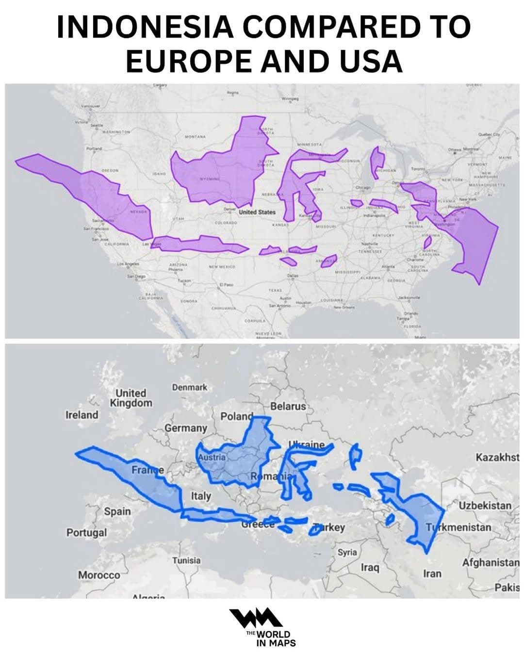 Indonesia Population Density Map Compared to Europe and USA
