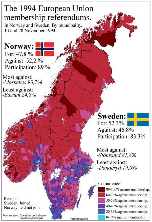 1994 Swedish and Norwegian EU Referendum Results Map
