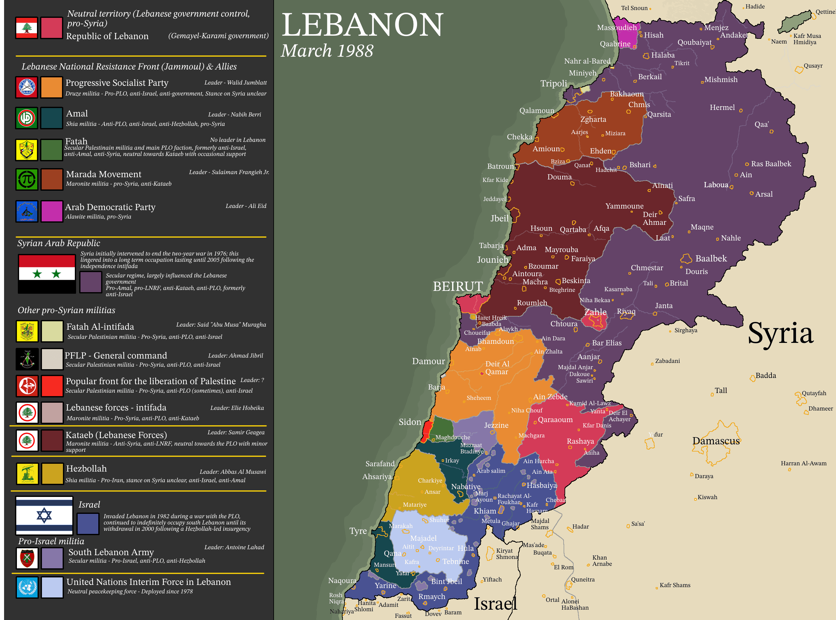 Map of Lebanon in 1988 Civil War Cantons