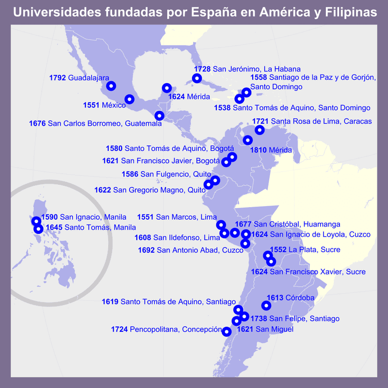 Map of Universities Founded by the Spanish Empire