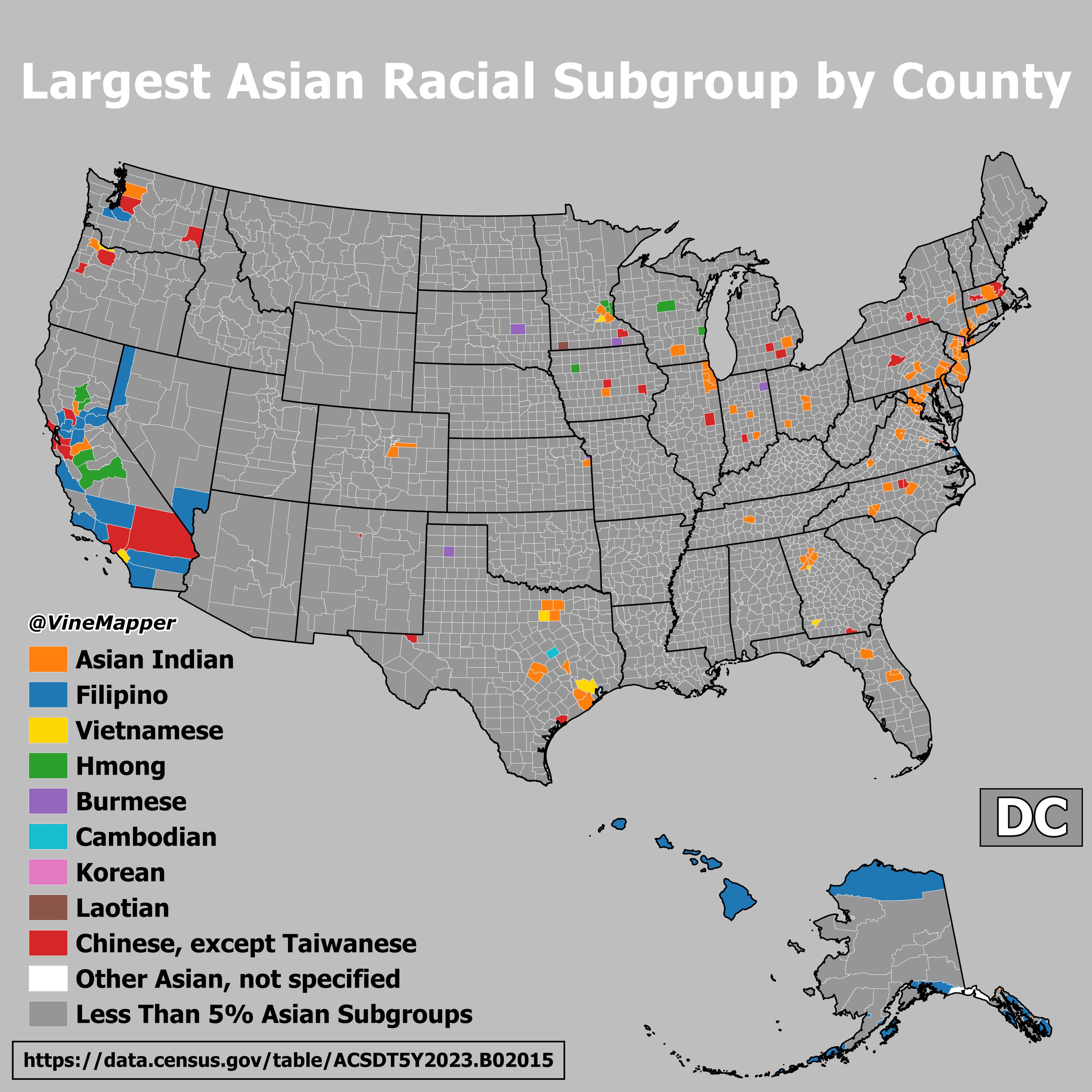 Largest Asian Racial Subgroup by County Map
