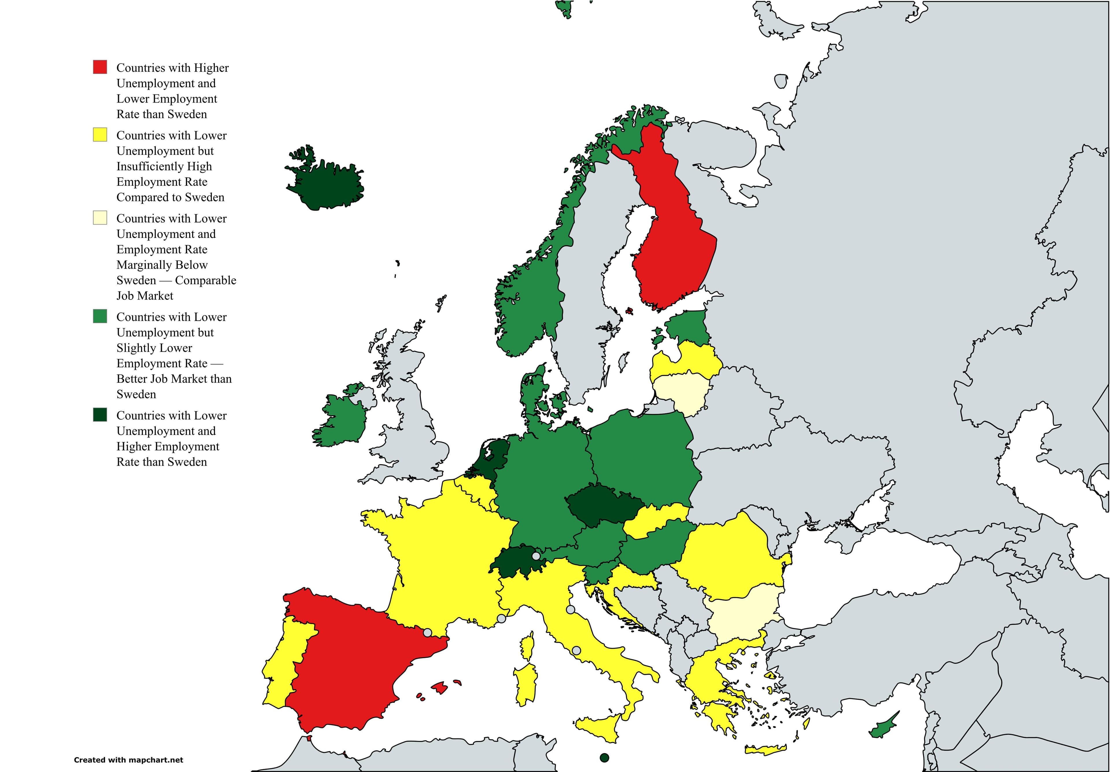 Employment and Unemployment Rates Map Relative to Sweden
