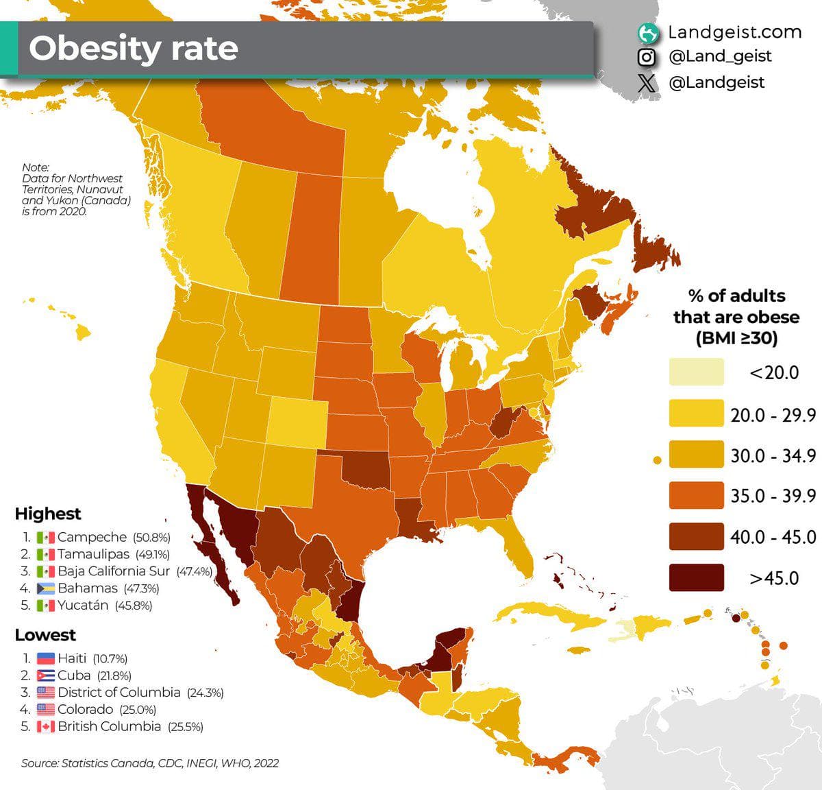 Obesity Rate Map in Northern & Central America