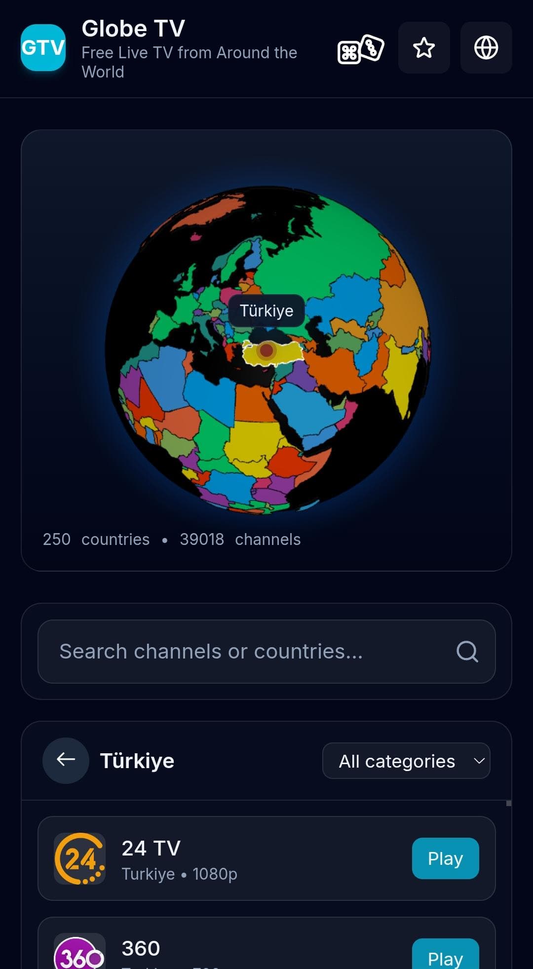 Free TV Channels by Country Map