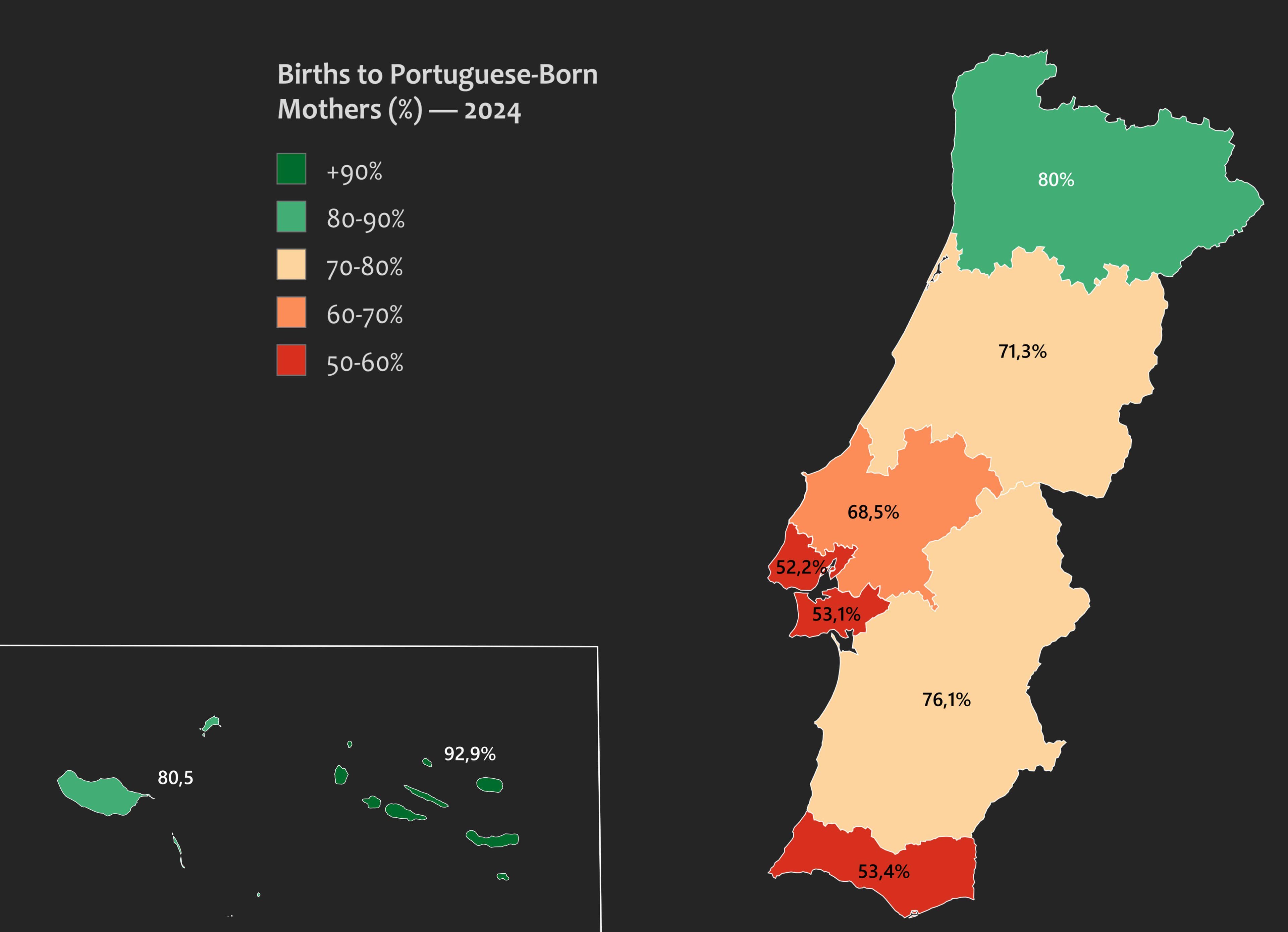 Map of Births to Portuguese Born Mothers in Portugal 2024