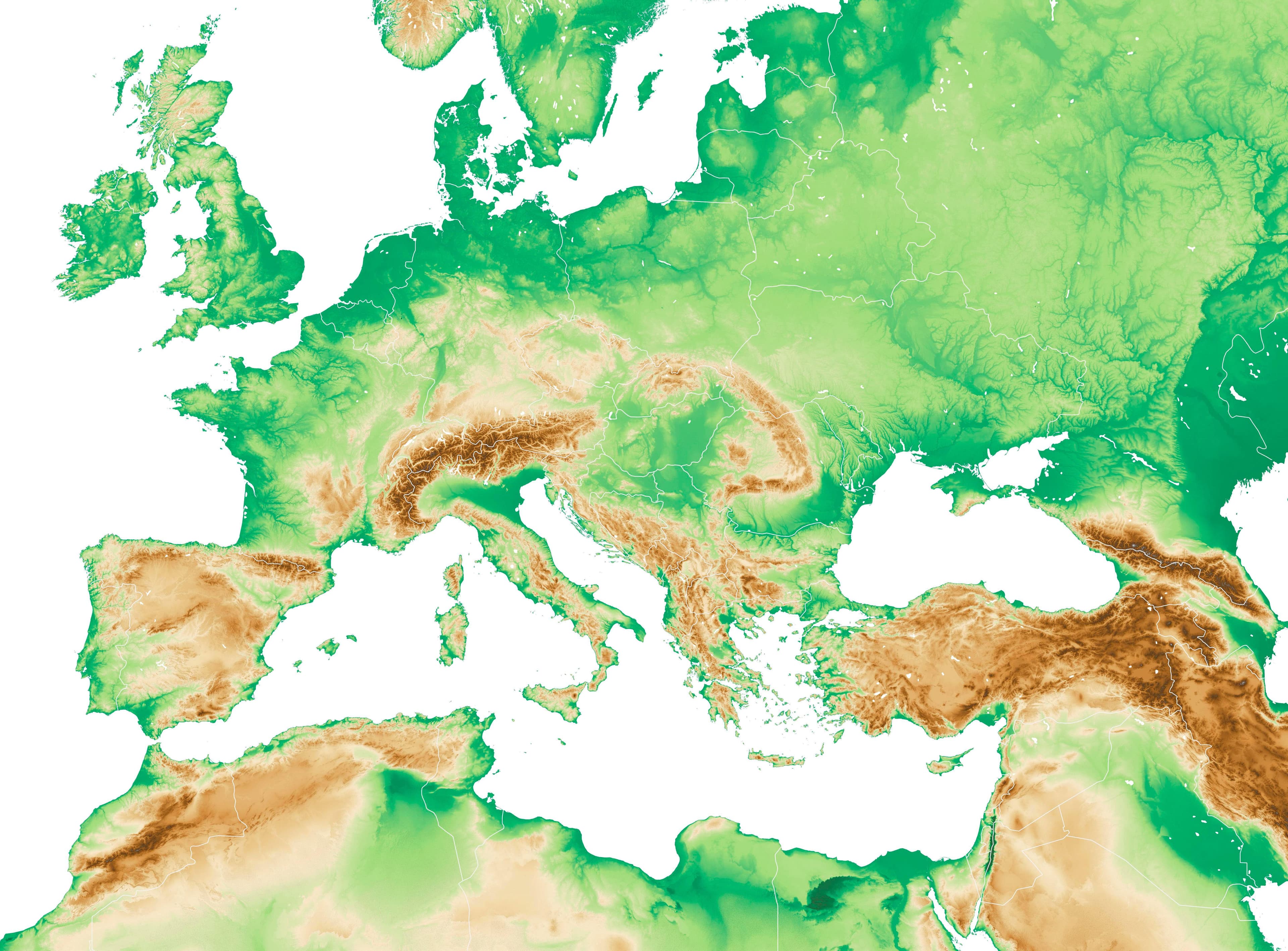 Physical Map of Western Europe and the Mediterranean Region