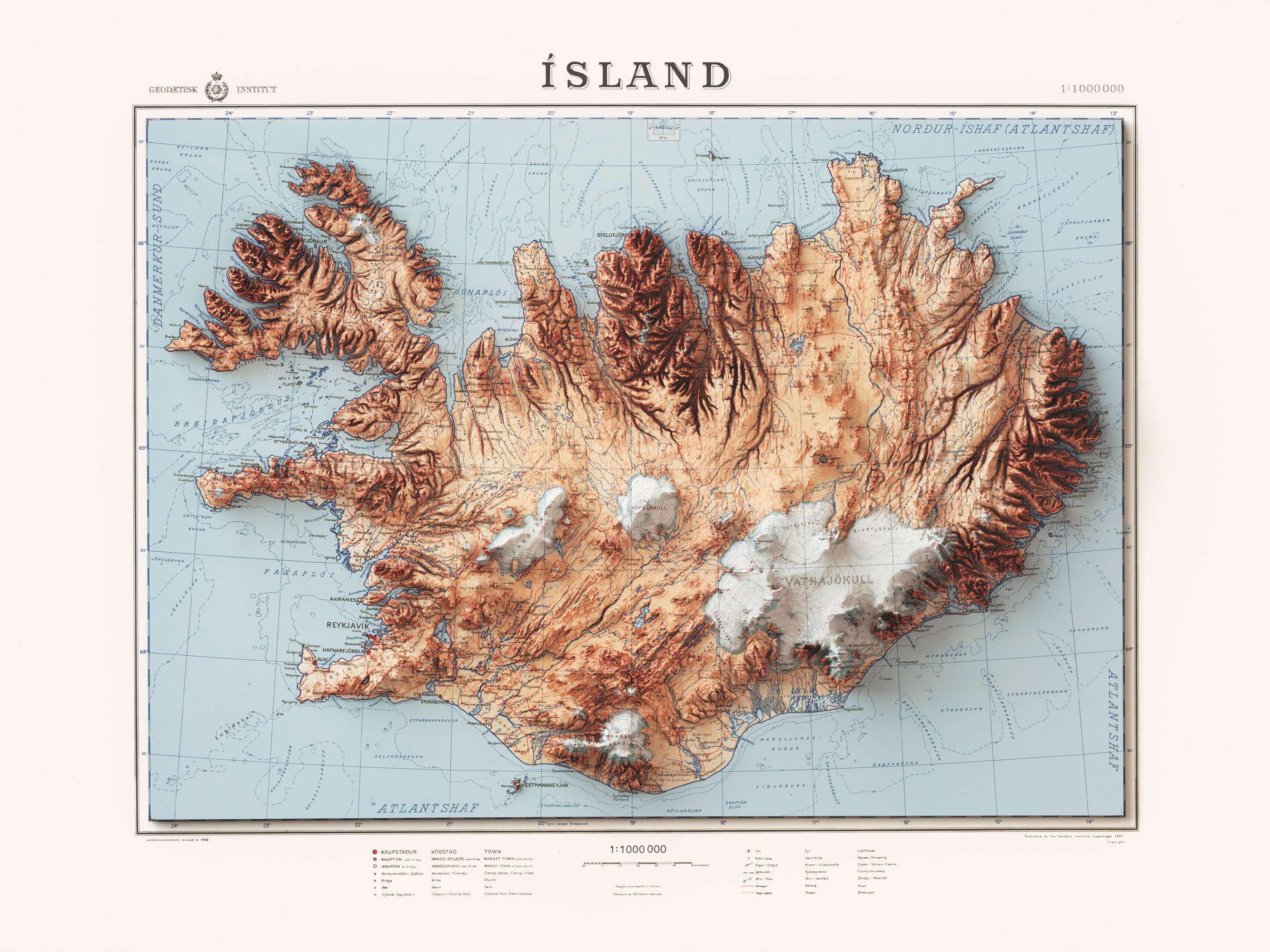 Iceland 1963 Map with Shaded Relief