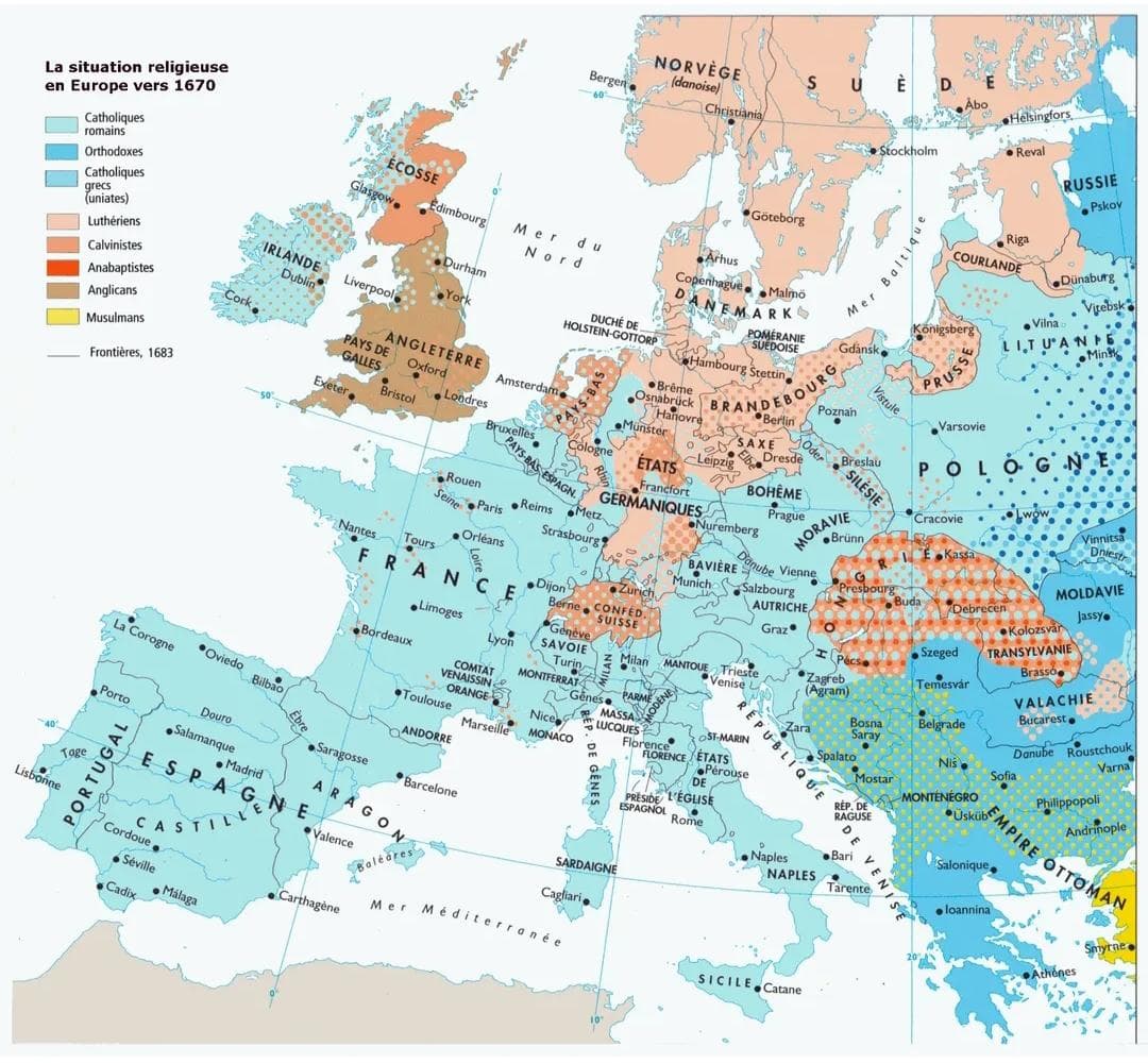 Religions in Europe around 1670 Map