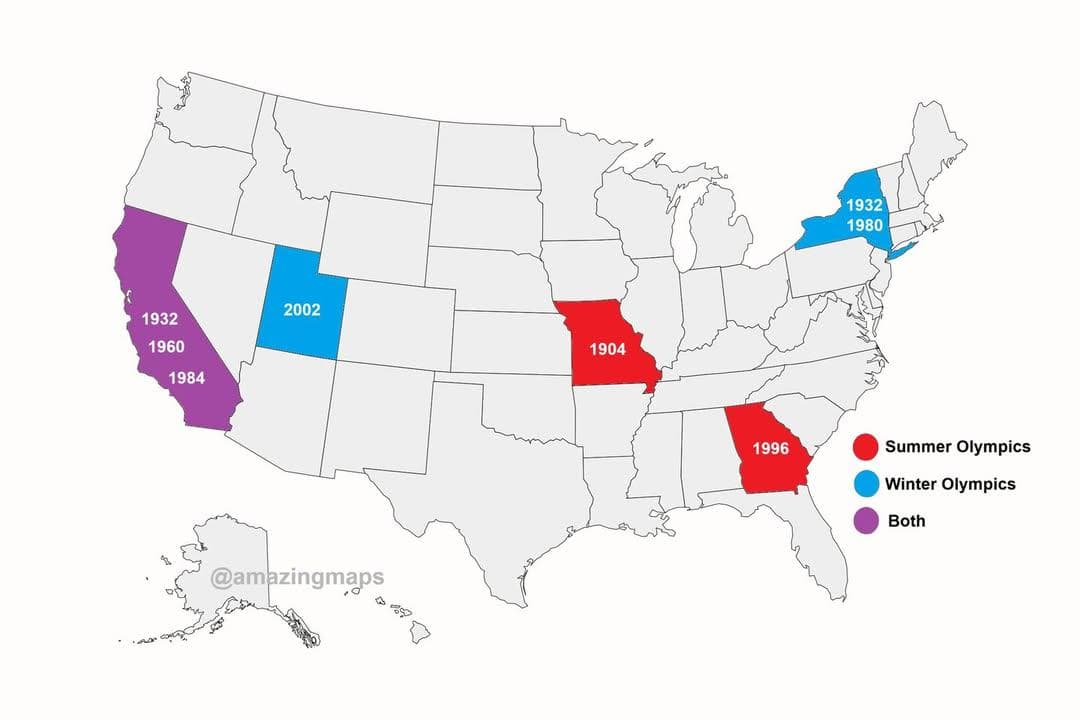 U.S. States That Have Hosted the Olympics Map