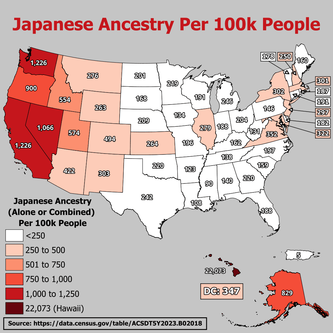 Japanese Ancestry Per 100k People Map