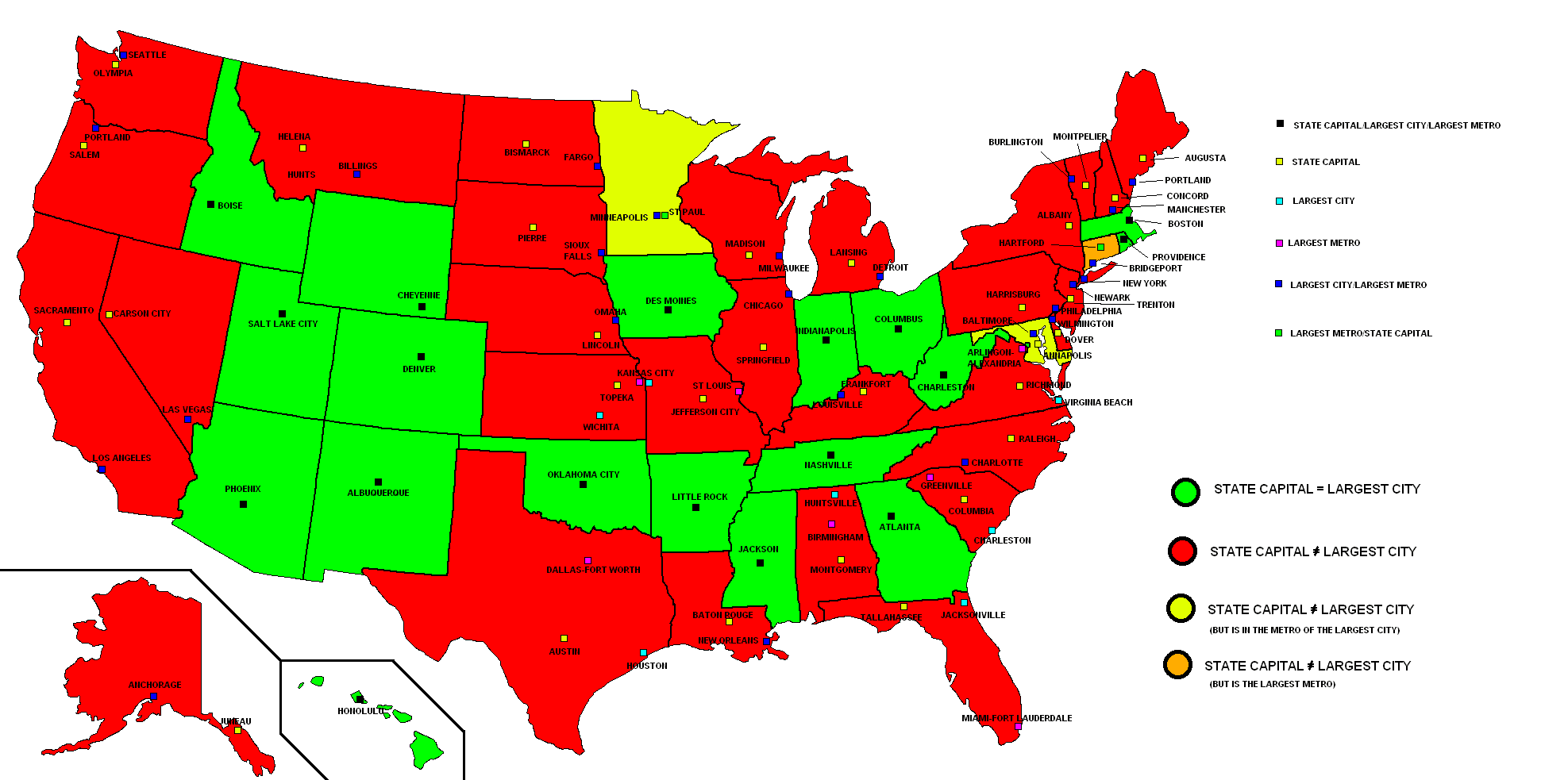 Map of US State Capitals and Largest Cities