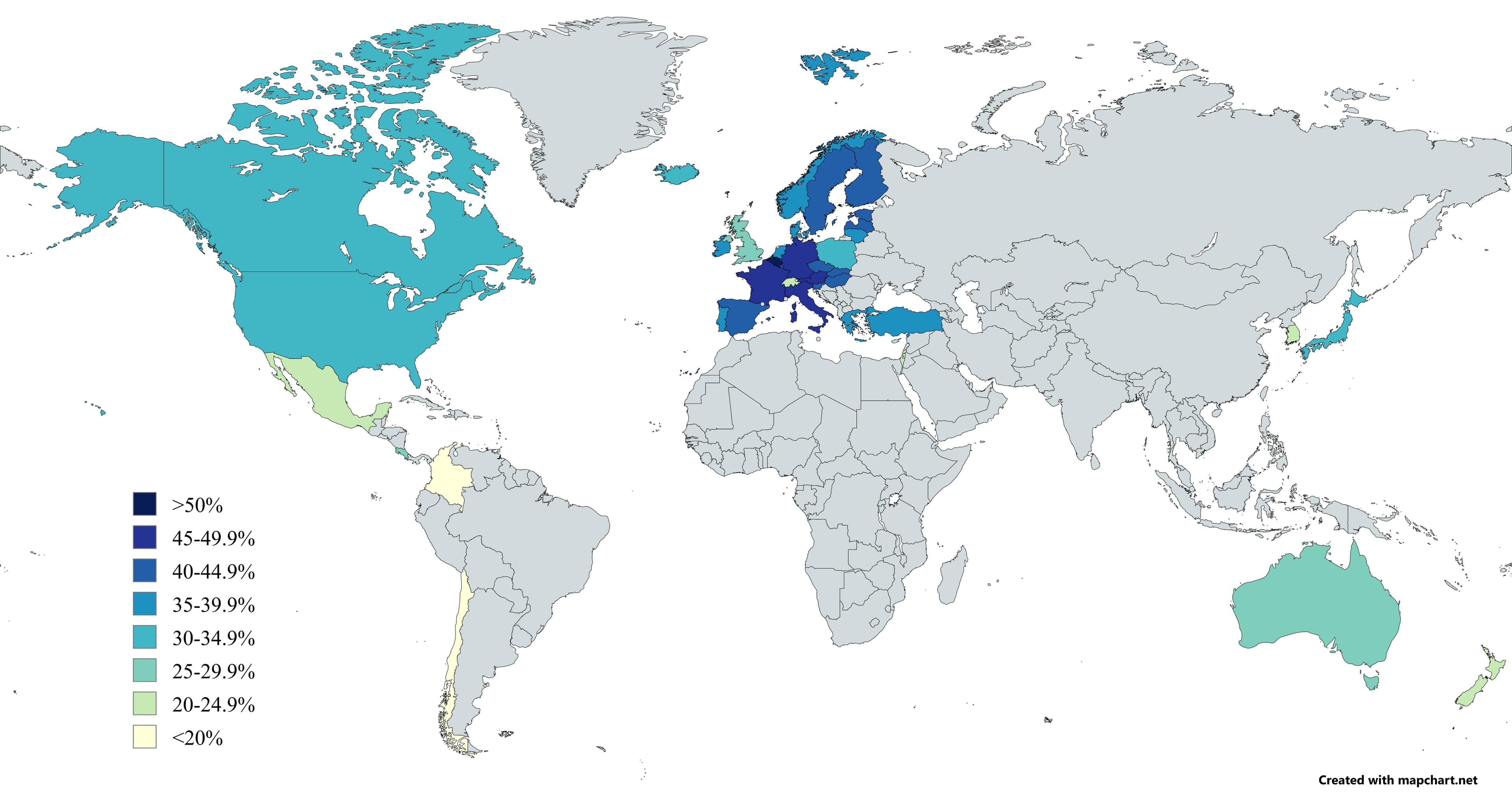 Map of Countries by Total Tax Wedge for Average Worker