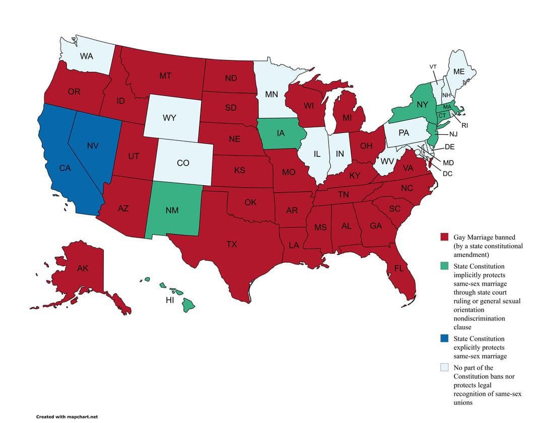 Map of USA Same Sex Marriage Protections in State Constitutions