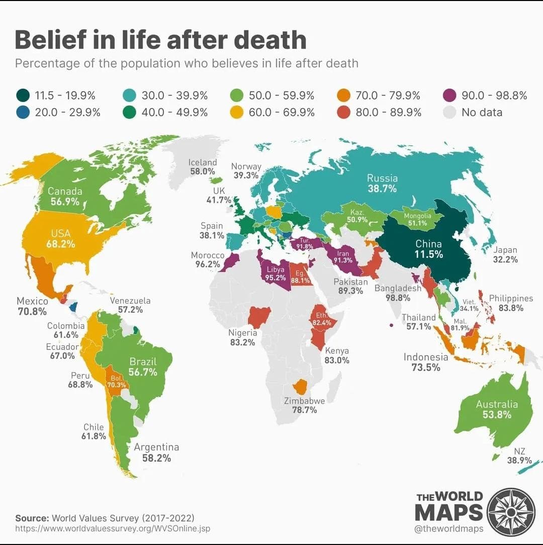 % Belief in Life After Death by Country Map
