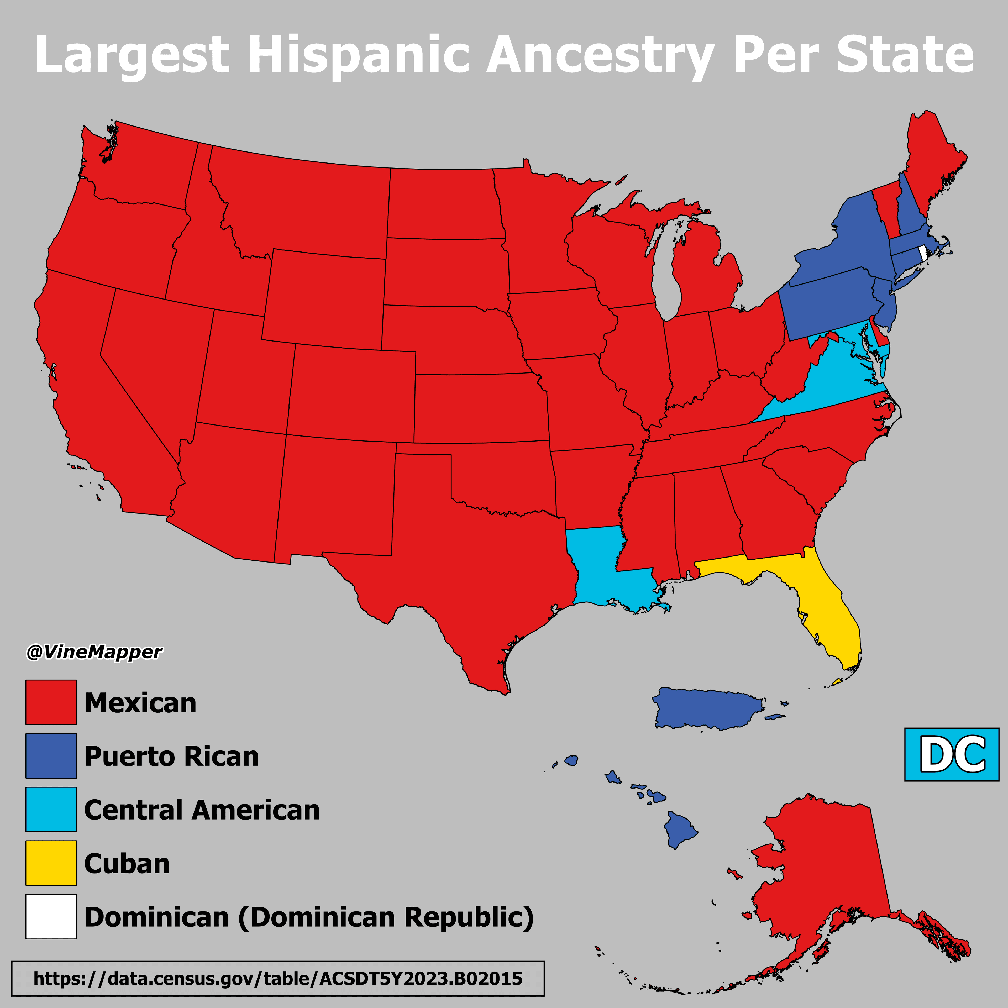 Largest Hispanic Ancestry Per State Map